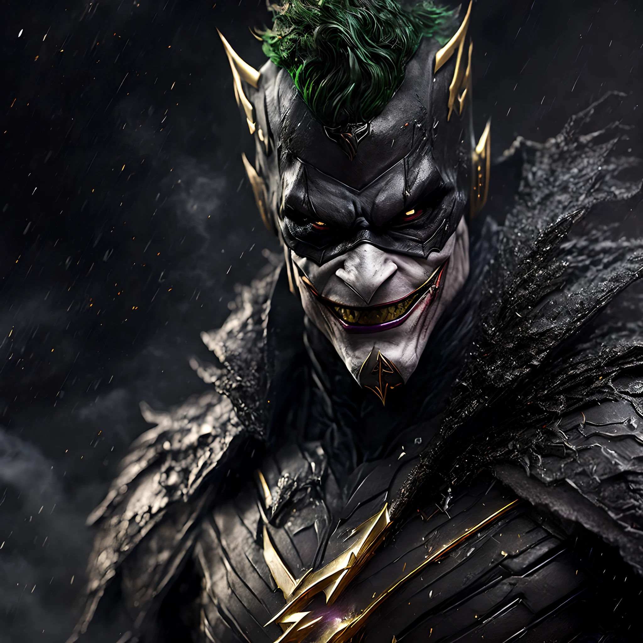 Close-up (Joker Cyborg Superman from DC in Viking style: 1.3) emerging from wet black mud, extremely detailed, smoke, sparks, metal shavings, flying debris, volumetric light