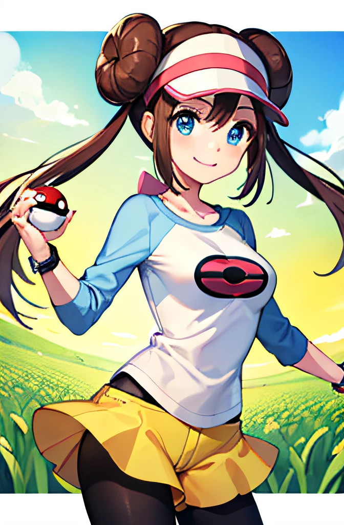 masterpiece, best quality, highres, ro1, hair bun, blue eyes, twintails, visor cap, pantyhose, raglan sleeves, yellow shorts, shirt, pink bow, wristwatch, standing, cowboy shot, field, poke ball \(basic\), smile