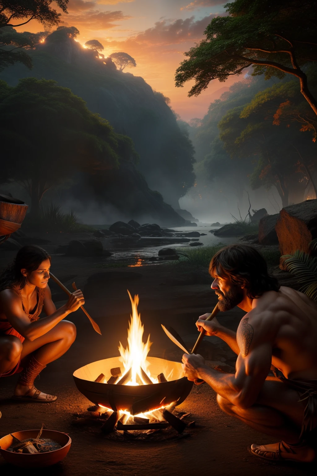 A prehistoric landscape with caves, dense vegetation and a group of hominids around a camp lit by fire.