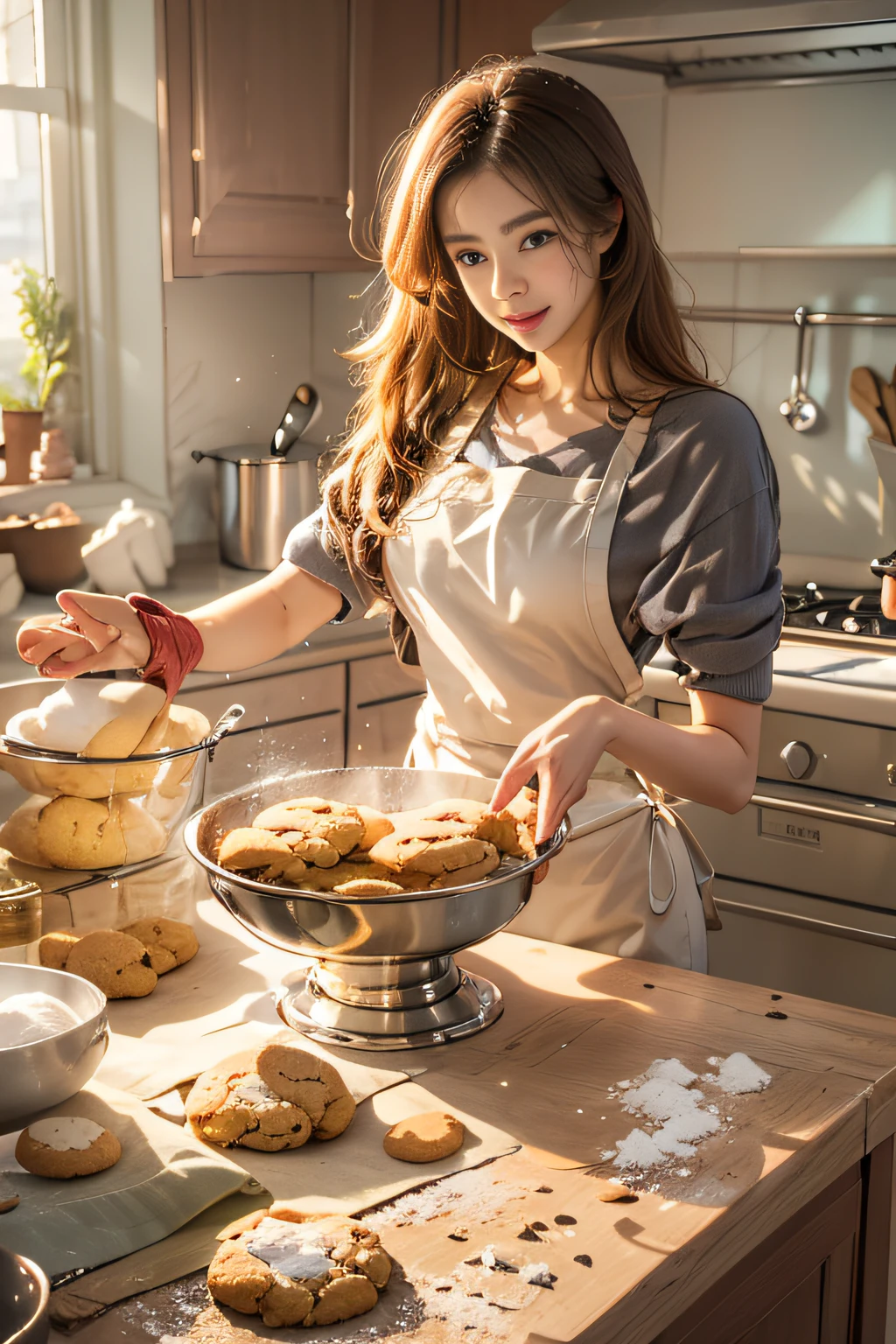 woman, Age 20, A MILF, Bake cookies in a sunny kitchen, Surrounded by flour, Stir the bowl, Naughty pets want to be treated