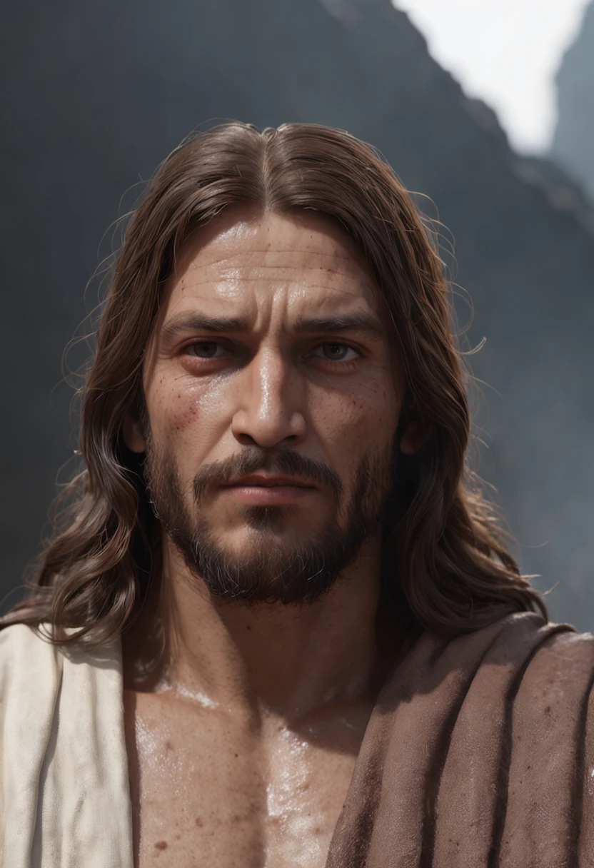 Uma imagem de Jesus (Professional 3D rendering:1.3) de (Realistic:1.3) Foto de arte mais bonita do mundo,Features soft, bright male heroes, ((Epic hero fantasy rough muscular man wet hero angry look long hair short beard and fierce expression in dynamic pose, usando um manto vermelho, fantastic location, majestoso ambiente desordenado)), corpo inteiro 8k unidade render, action shot, poros da pele, very dark lighting, sombreamento pesado, circunstanciado, Rosto detalhado, (vibrante, fotogrdeia realista, Realistic, Dramatic, Escuro, foco nítido, 8k), (Old leather clothes damaged by bad weather:1.4), ((((Use peles)))), (intrincado:1.4), decadente, (altamente detalhado:1.4), pintura digital, rendering by octane, art stations, Conceito-Arte, liso, foco nítido, illustration, germe da arte, (Loish:0.23), Wlop Ilya Kuvshinov, e Greg Rutkowski e Alphonse Mucha Gracias, (global ilumination, studiolight, Light Volumetric), chuva forte, floating particles, patife, fantasia, Onze, corpo inteiroesbian, ((Fundo escuro e antigo da cidade:1.3)),CGSesociedade,art stations