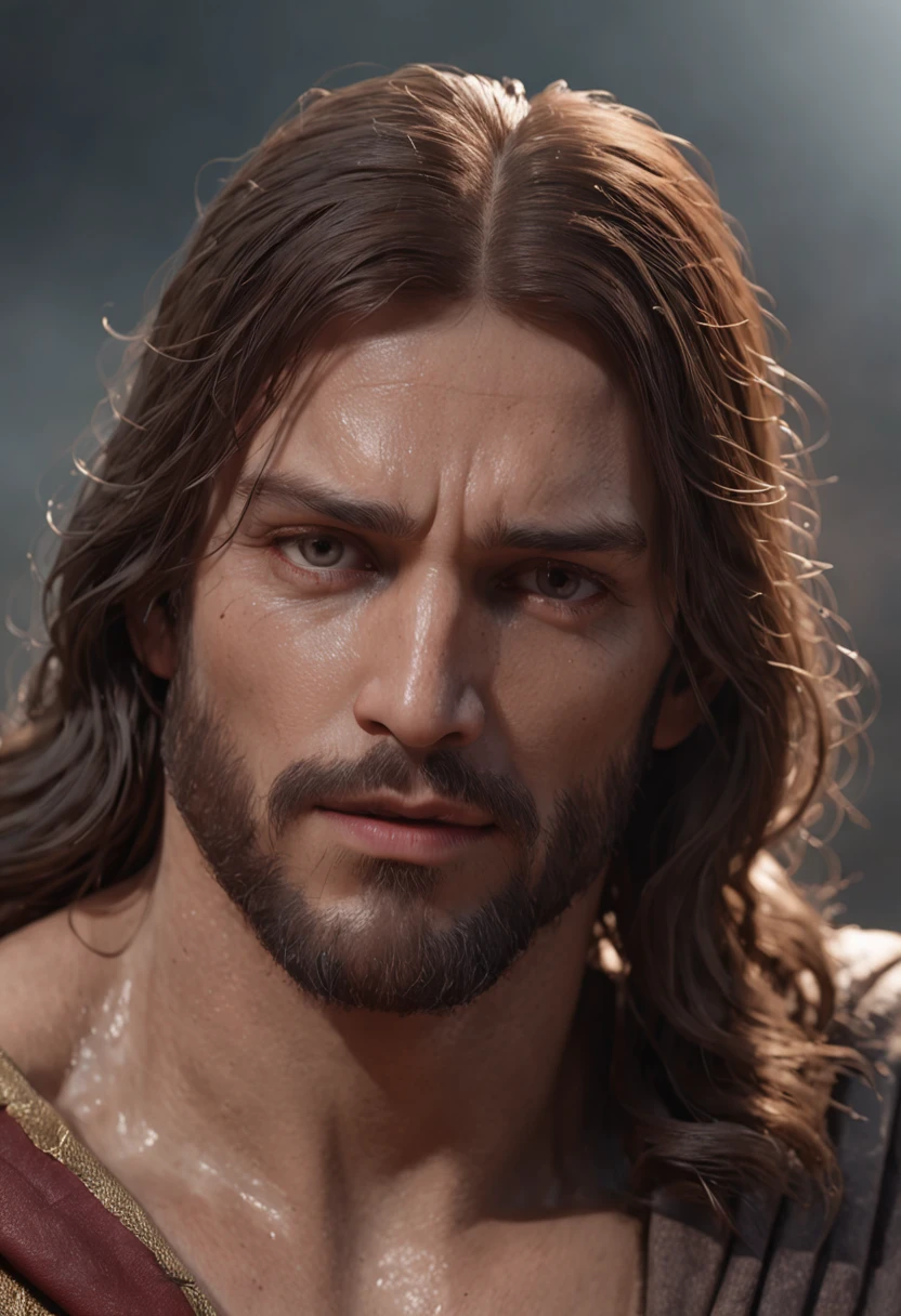Uma imagem de Jesus (Professional 3D rendering:1.3) de (Realistic:1.3) Foto de arte mais bonita do mundo,Features soft, bright male heroes, ((Epic hero fantasy rough muscular man wet hero angry look long hair short beard and fierce expression in dynamic pose, usando um manto vermelho, fantastic location, majestoso ambiente desordenado)), corpo inteiro 8k unidade render, action shot, poros da pele, very dark lighting, sombreamento pesado, circunstanciado, Rosto detalhado, (vibrante, fotogrdeia realista, Realistic, Dramatic, Escuro, foco nítido, 8k), (Old leather clothes damaged by bad weather:1.4), ((((Use peles)))), (intrincado:1.4), decadente, (altamente detalhado:1.4), pintura digital, rendering by octane, art stations, Conceito-Arte, liso, foco nítido, illustration, germe da arte, (Loish:0.23), Wlop Ilya Kuvshinov, e Greg Rutkowski e Alphonse Mucha Gracias, (global ilumination, studiolight, Light Volumetric), chuva forte, floating particles, patife, fantasia, Onze, corpo inteiroesbian, ((Fundo escuro e antigo da cidade:1.3)),CGSesociedade,art stations