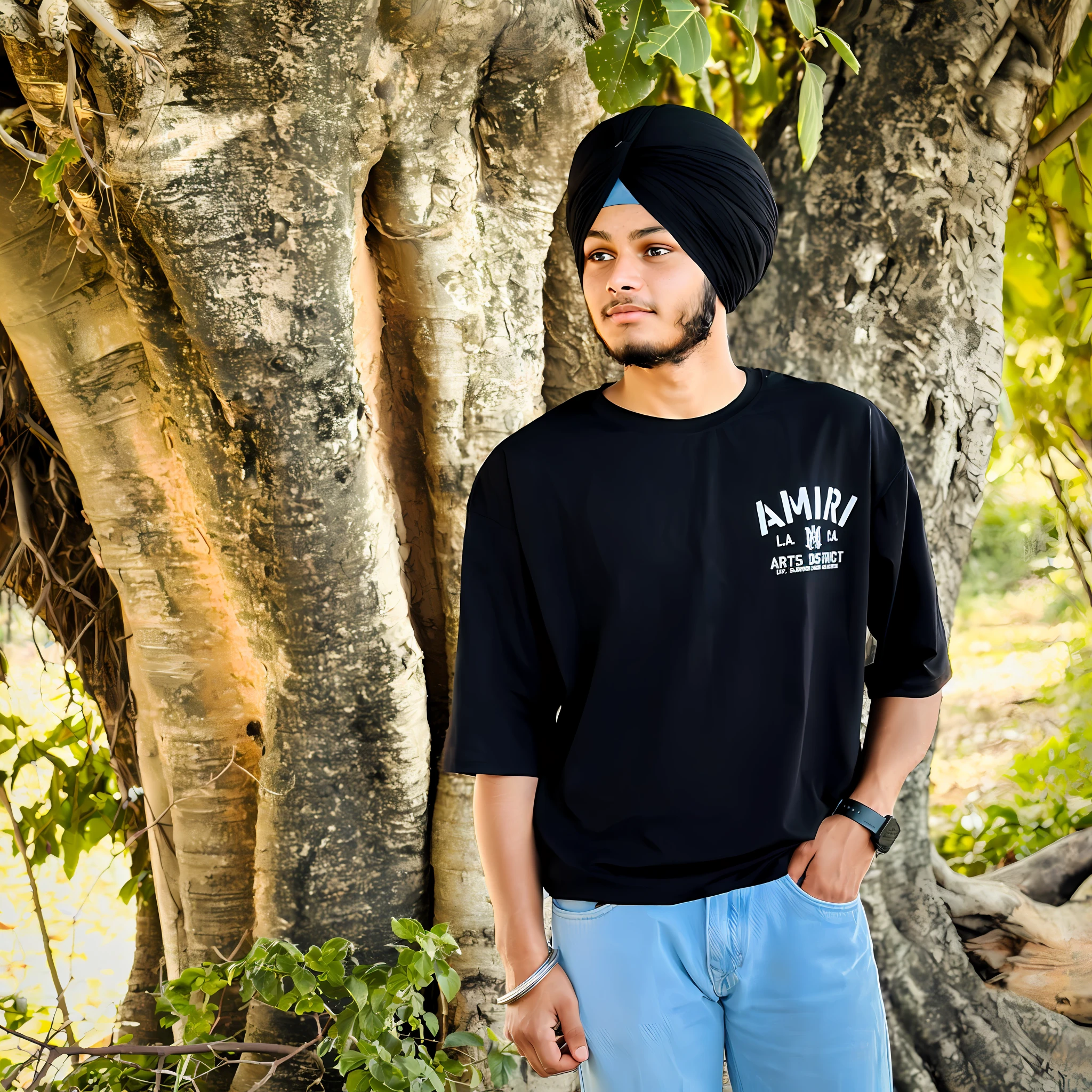 arafed man in a turban standing in front of a tree, inspired by Manjit Bawa, with black beanie on head, full length shot, amazing depth, closeup portrait shot, mid shot portrait, by Manjit Bawa, in front of a forest background, black t shirt, wearing black tshirt, against the backdrop of trees