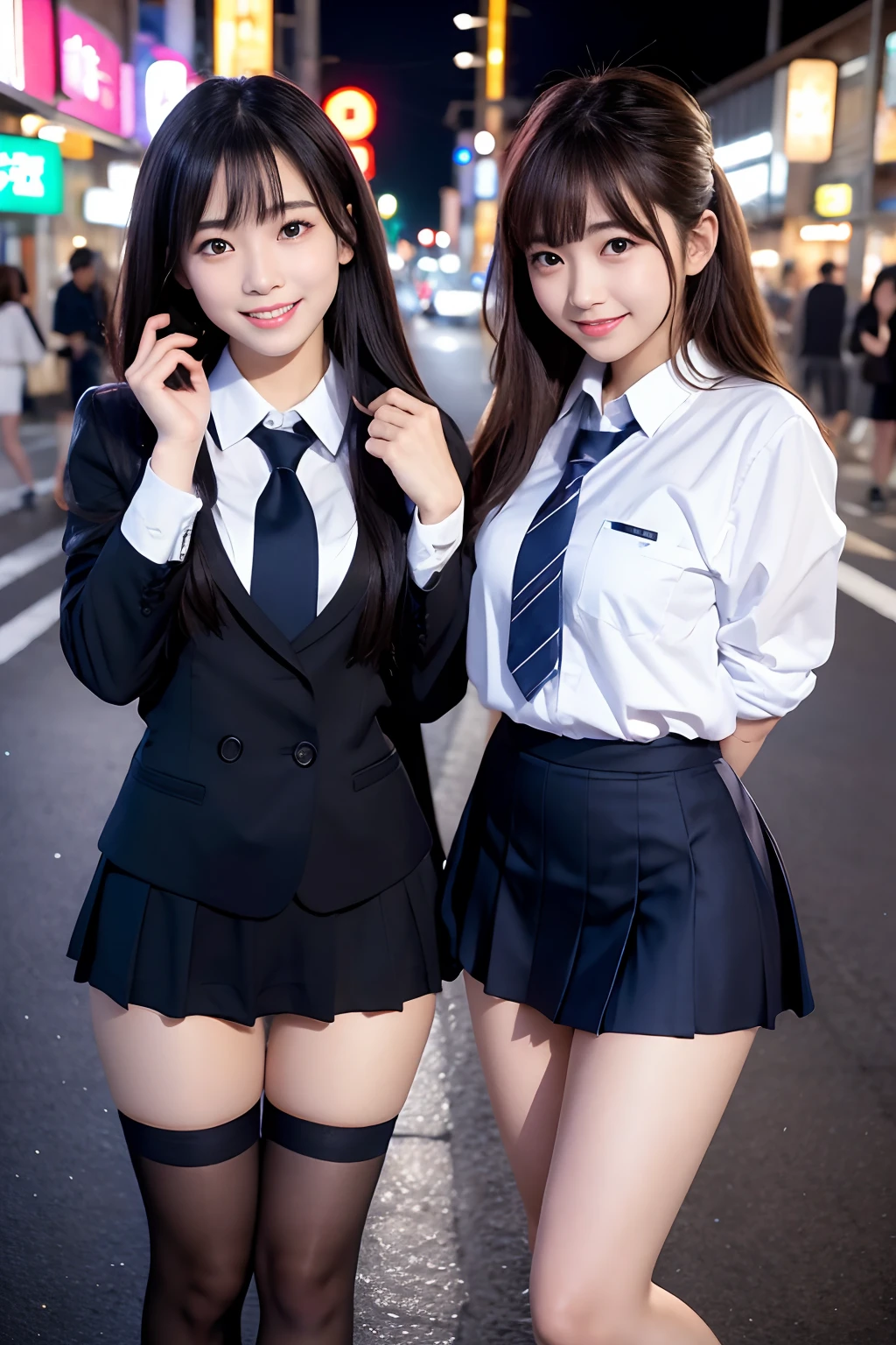 top-quality、Facial Focus、Soft light、(depth of fields)、超A high resolution、(Photorealsitic:1.4)、RAW Photography、(above knee:1.4)、(sideways Facing)1日本人の女の子、独奏、a handsome、(full of shyness、a smile:1.1)、(brown-eyed)、detailed beautiful faces、(length hair)、high-angle shot、Center view、Two arafe asian women in satin shimmies standing on neon street in the middle of the night、Phenomenally cute girl、japanaese girl、Wearing a lace slip shimmy、a hyperrealistic schoolgirl、a hyperrealistic schoolgirl、Schoolgirl Pose、full body Esbian、Nice skin、glistning skin、lovely thighs、glowing thigh、shining legs、Black high socks above the knee、High School in Japan 、乃木坂アイドル、韓国アイドル、Invite you inside、Inviting eyes
