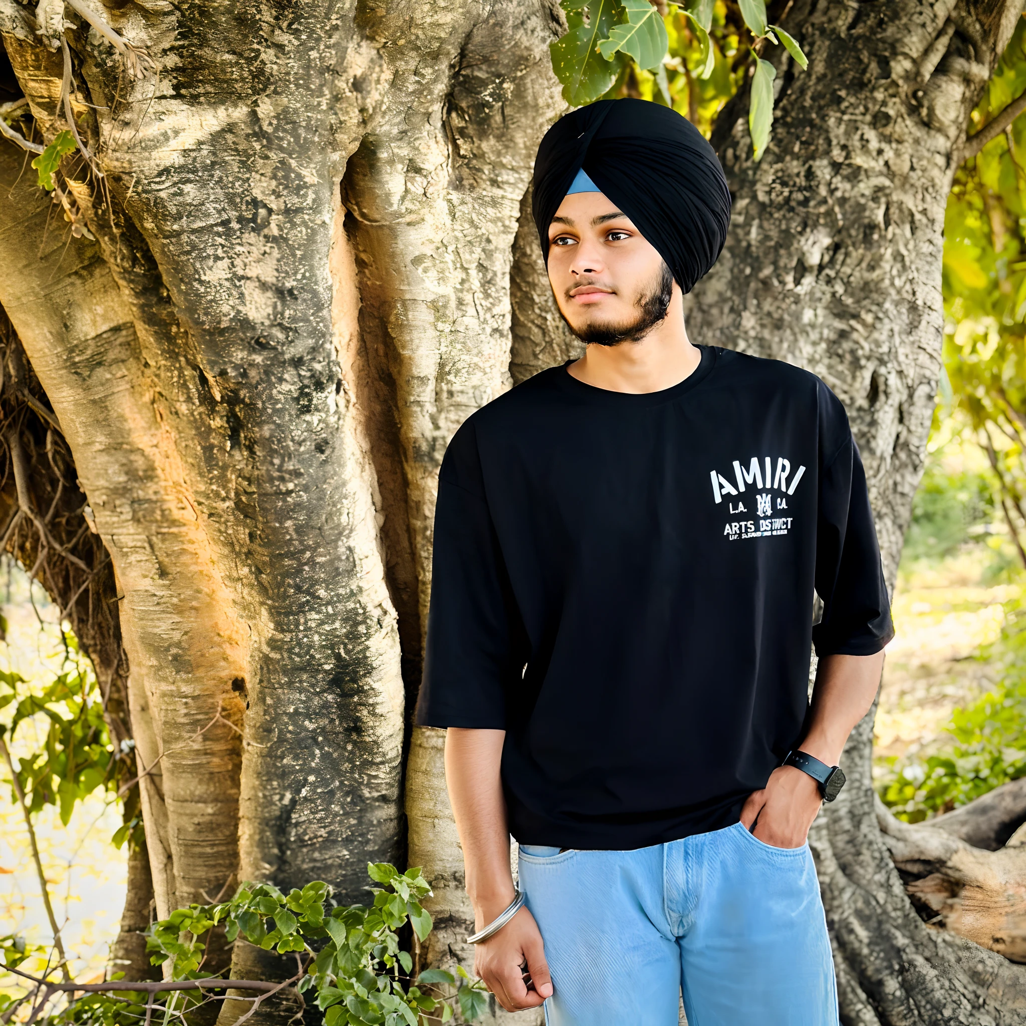 arafed man in a turban standing in front of a tree, inspired by Manjit Bawa, with black beanie on head, full length shot, amazing depth, closeup portrait shot, mid shot portrait, by Manjit Bawa, in front of a forest background, black t shirt, wearing black tshirt, against the backdrop of trees