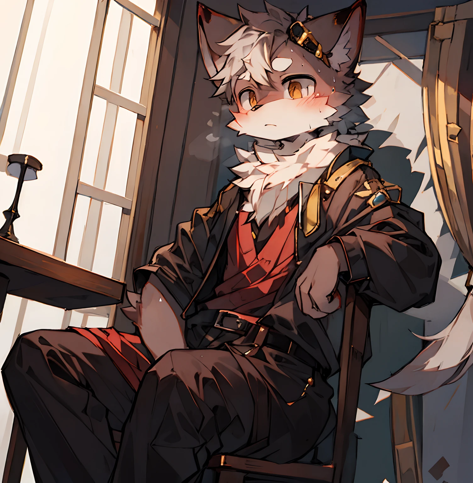 shaggy，furred，bodyfur，sit on chair，独奏，short- sleeved，BREAK BREAK BREAK，AOEU，AOEU，In the room，Heavy sweating，Protruding crotch