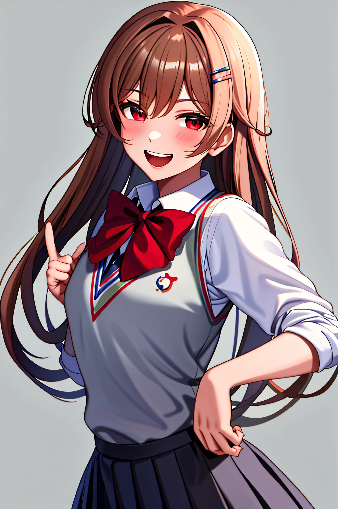 masterpiece, best quality, highres, fel1, hairclip, white shirt, red bow, school uniform, collared shirt, sweater vest, red bowtie, cowboy shot, peace sign, smile, open mouth