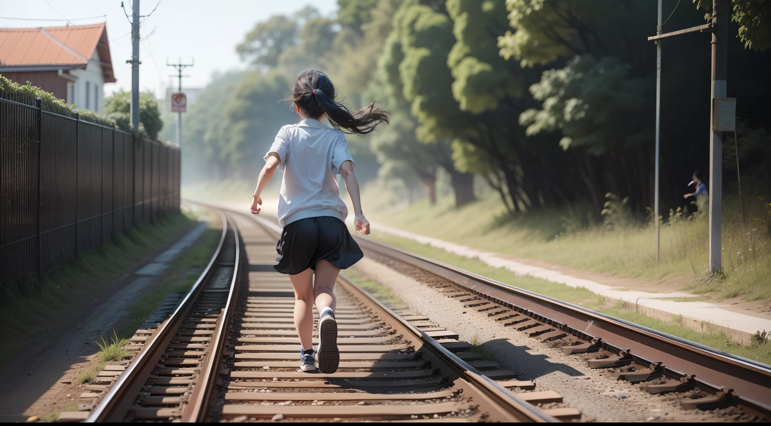 A girl runs under a city with a typhoon