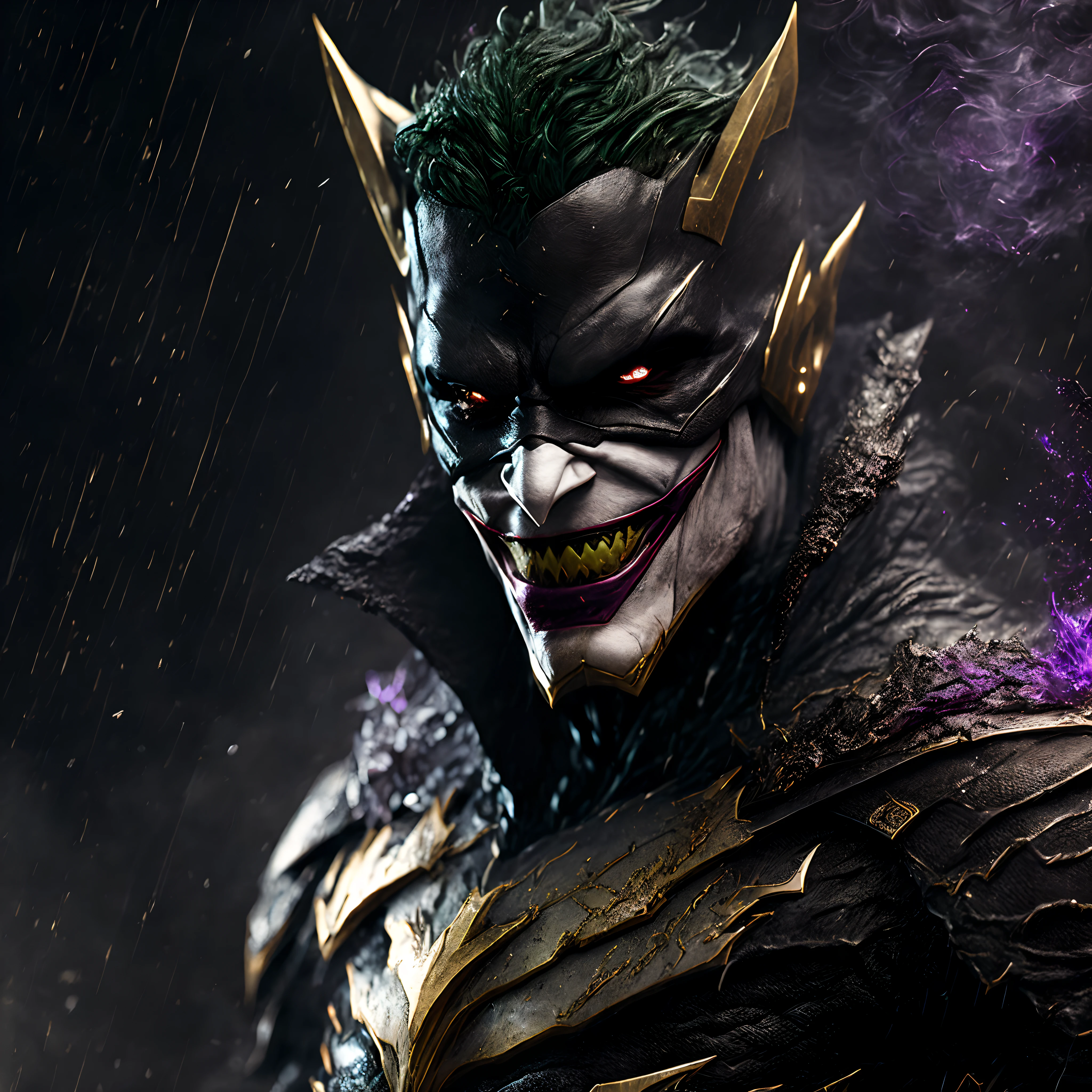 Close-up (Blood Joker from DC in Viking style: 1.3) emerging from wet black mud, extremely detailed, smoke, sparks, metal shavings, flying debris, volumetric light