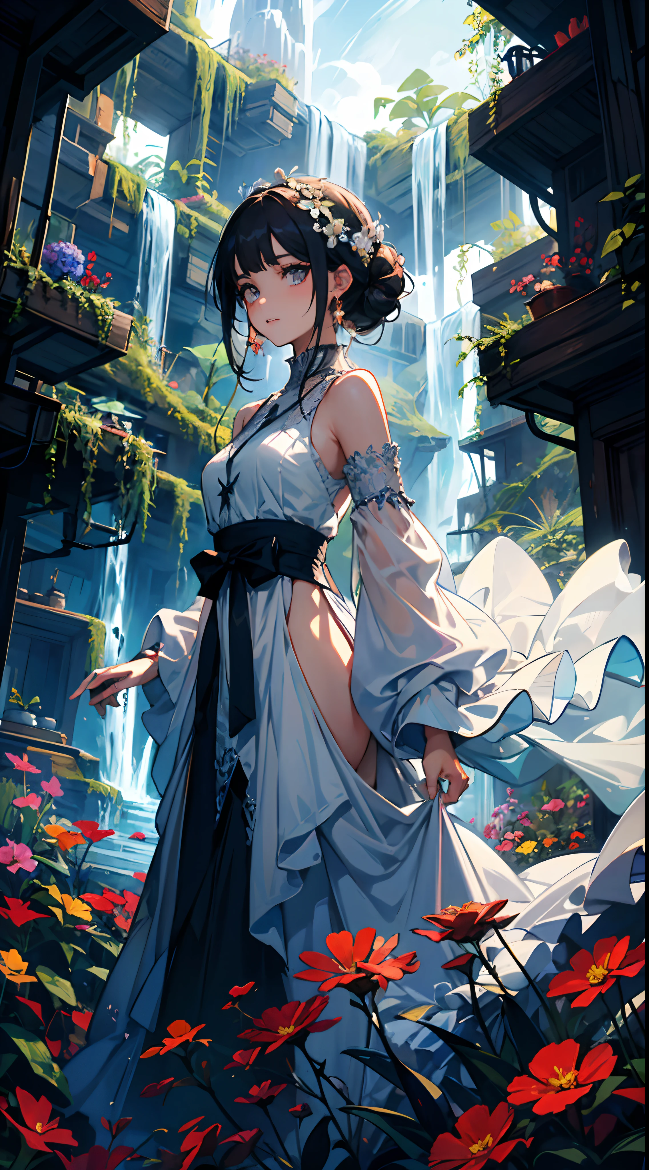 Em um reino oculto, a girl stands before a cascading waterfall, seu traje se mistura perfeitamente com a beleza da natureza. A flowing gown adorned with delicate floral patterns drapes around her, espelhando as flores vibrantes que adornam a paisagem circundante. Sunlight dances on the water's surface, casting an ethereal glow upon her face, as if she is the embodiment of the enchantment that permeates this mystical haven.