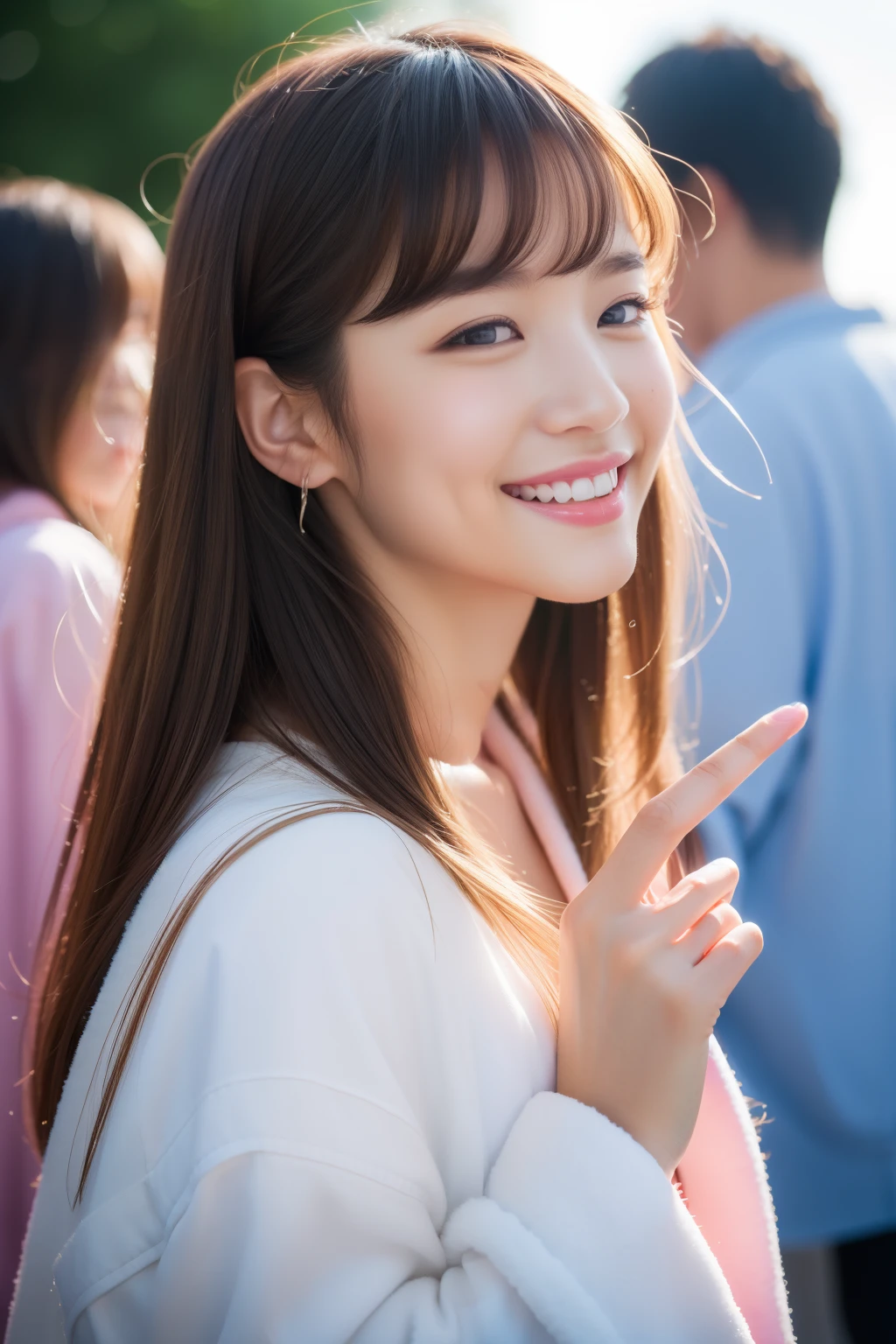 (8k、RAW Photography、top-quality、Masterpiece:1.2)、ultra-detailliert、超A high resolution、High-detail RAW color photos、professional photograpy、finely detail、Very detailed beautiful woman、extra detailed face、extremely detailed eye、highlydetailed skin、extremely detailed fingers、highly detailed nose、highly detail mouth、perfect anatomia、adult lady、 1girl in、(Summer Festivals)、bathrobe、a smile、piece、Cotton candy