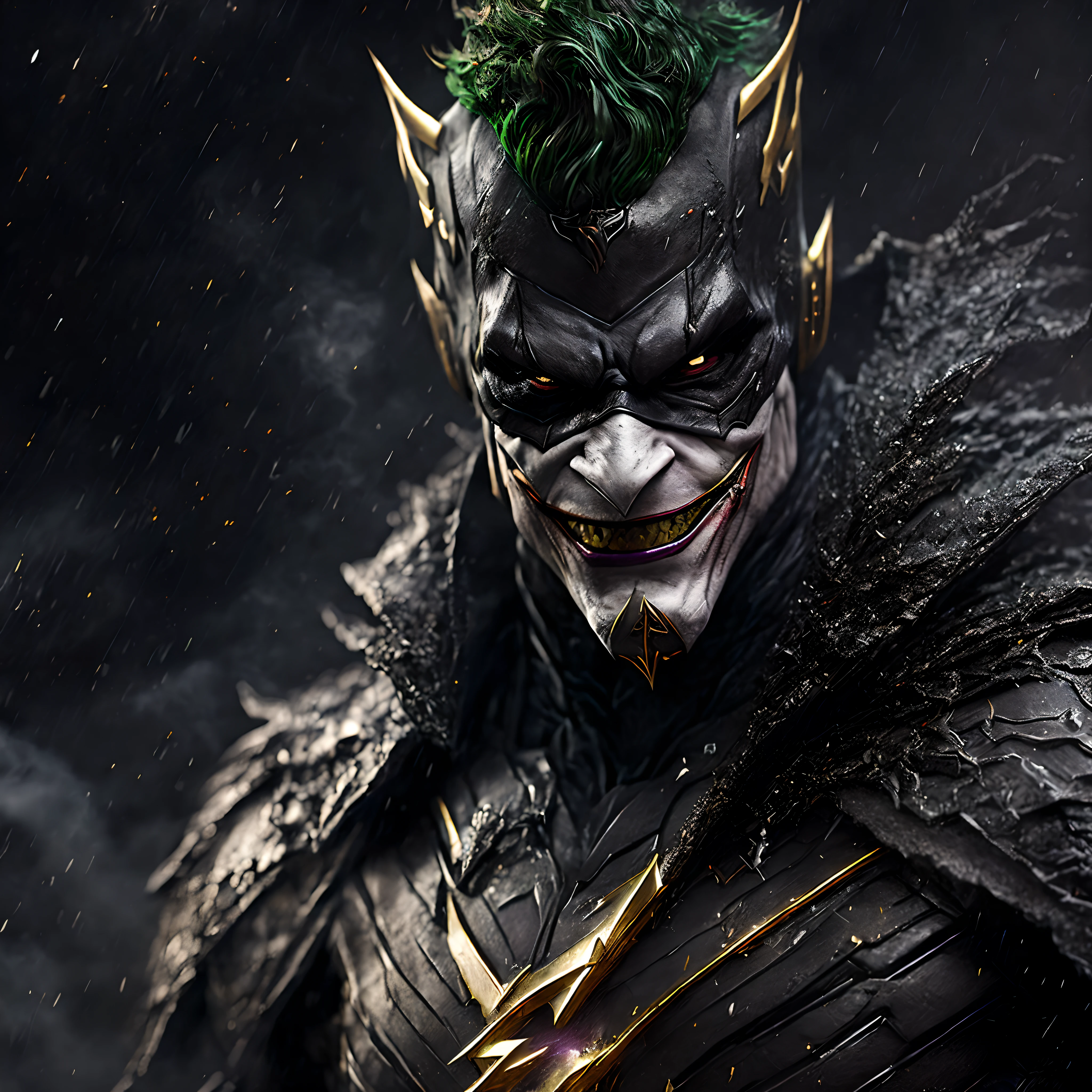 Close-up (Joker Black Flash from DC in Viking style: 1.3) emerging from wet black mud, extremely detailed, smoke, sparks, metal shavings, flying debris, volumetric light