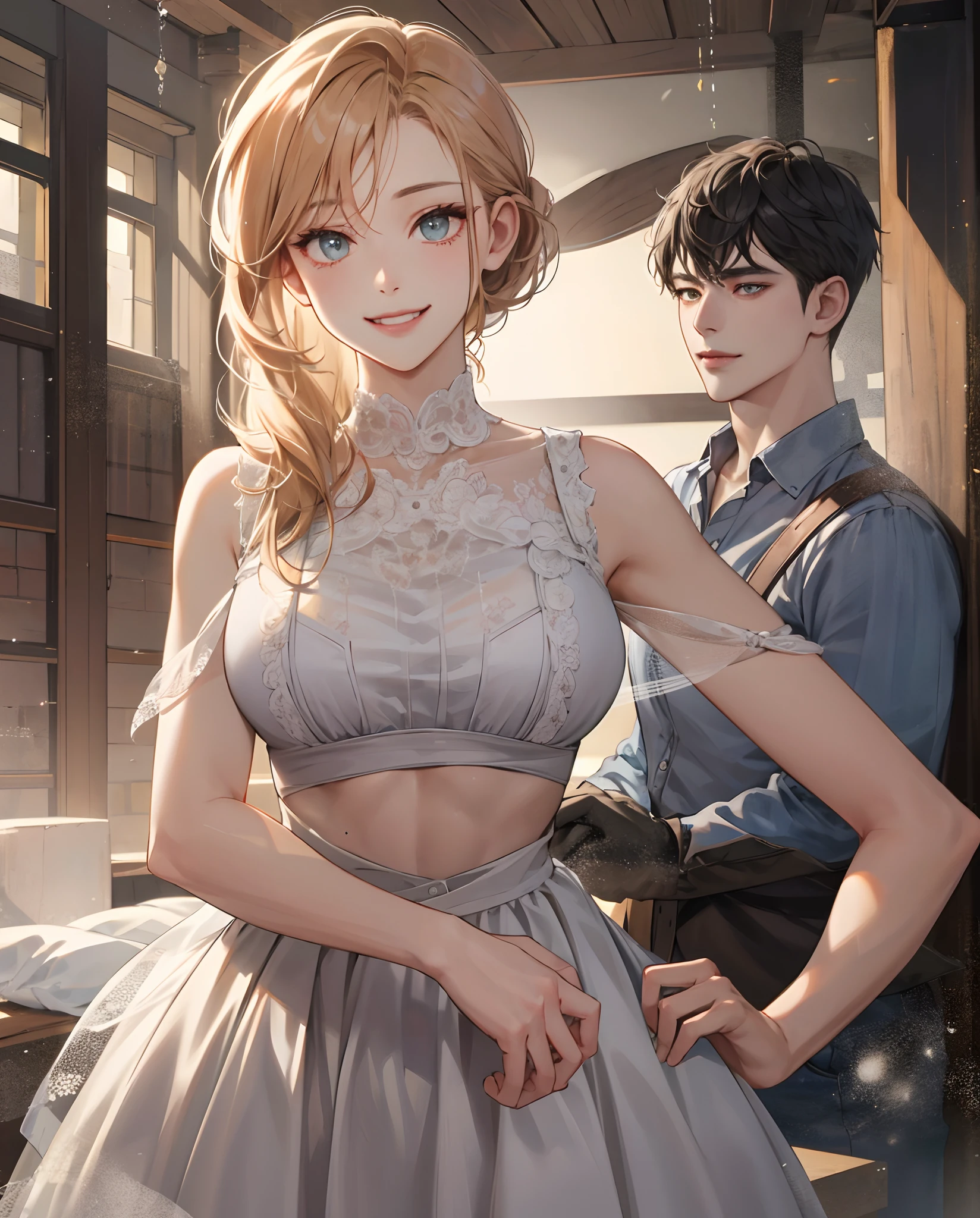 ((Best Quality, 8K, Masterpiece: 1.3)), 1girl, Slim Abs Beauty: 1.3, (Hairstyle Casual, Leaky Big Breasts: 1.2), Dress: 1.1, Super Fine Face, Delicate Eyes, Double Eyelids, Smile, Home