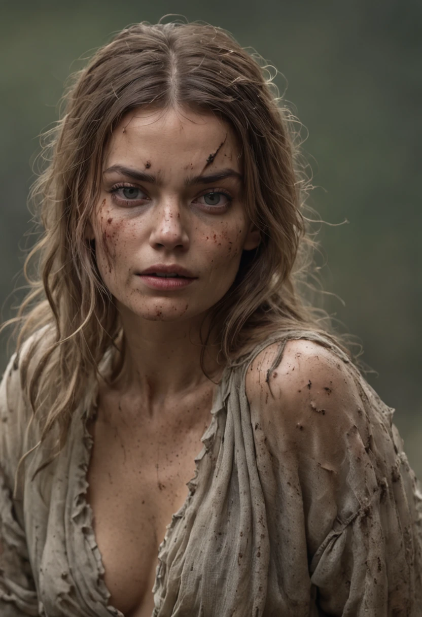 (Full body) Middle  aged homely Margot  Robbie;. Drina is draped in tattered and rotted clothing that seems to meld seamlessly with her surroundings. Her hair is unkempt and tangled, and her skin is marred with grime and dirt. Her eyes, however, gleam with a disturbing intelligence.  (Frank Frazetta) (masterpiece)