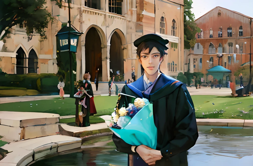 It is an art painting in the Guvez style，It depicts a man holding flowers in a graduation dress and a bachelor hat，This is a detailed anime portrait，Similar to Rossi's portrait，Produced in an anime artist studio。The portrait shows a handsome boy，It shows amazing facial features。