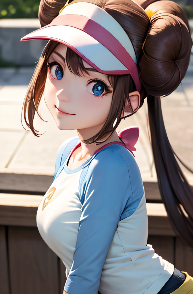 masutepiece, Sharp Focus, Realistic, ultra-detailliert, Beautiful Girl, (side lights:1.2), Smile, RO1, Hair bun, Blue eyes, Twin-tailed, Visor Cap, pantyhose, raglan sleeves, Yellow shorts, Shirt, pink bows, wrist watch, Full body