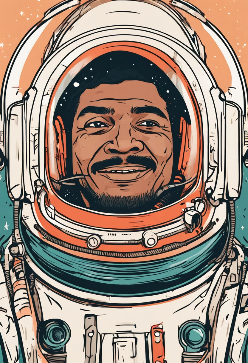 A Cosmonaut with a space suit and a oval face, aboard a spaceship, an indian man, smiling, use dark colors