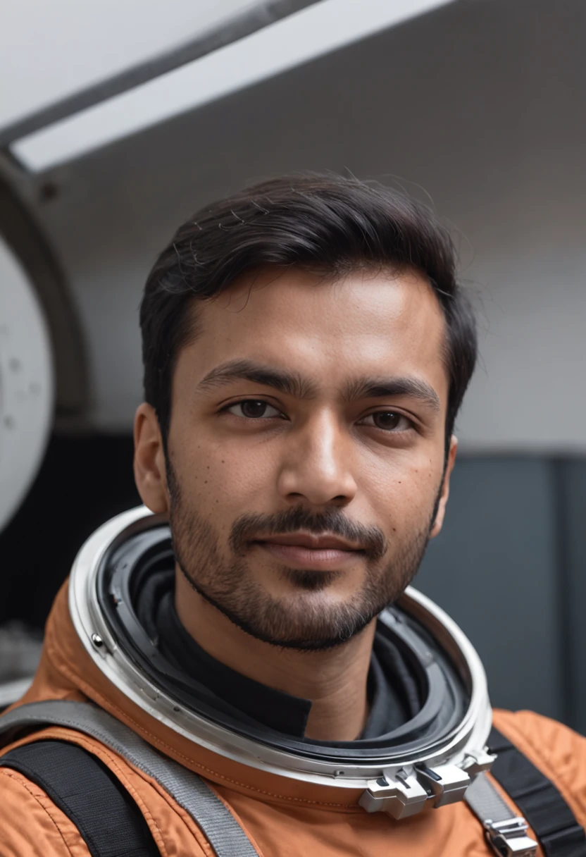 A Cosmonaut with a space suit and a oval face, aboard a spaceship, an indian man, smiling, use dark colors