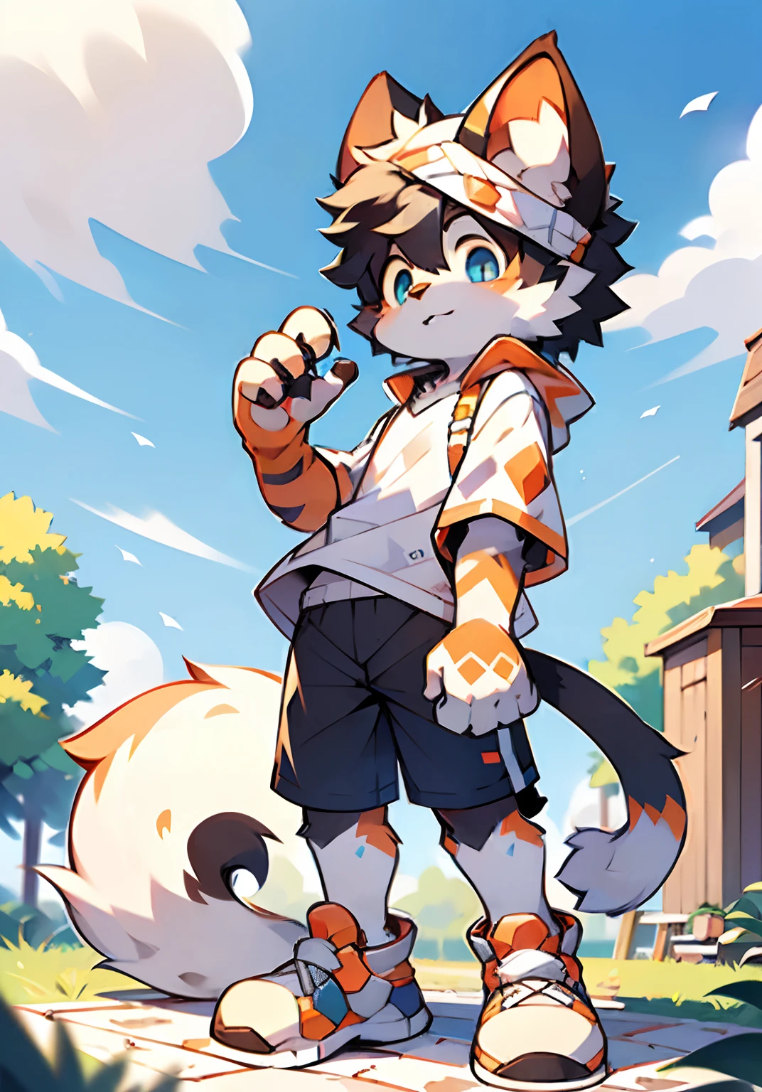 eyes with brightness, in a panoramic view, Character Focus Solo, shaggy, Furry male cat, Yellow-white fur for men, blue color eyes, Gray hair(The long），Wear orange shorts and shorts，CasualClothing，Young style，height of one meter seven，Handsome， has a tail，
