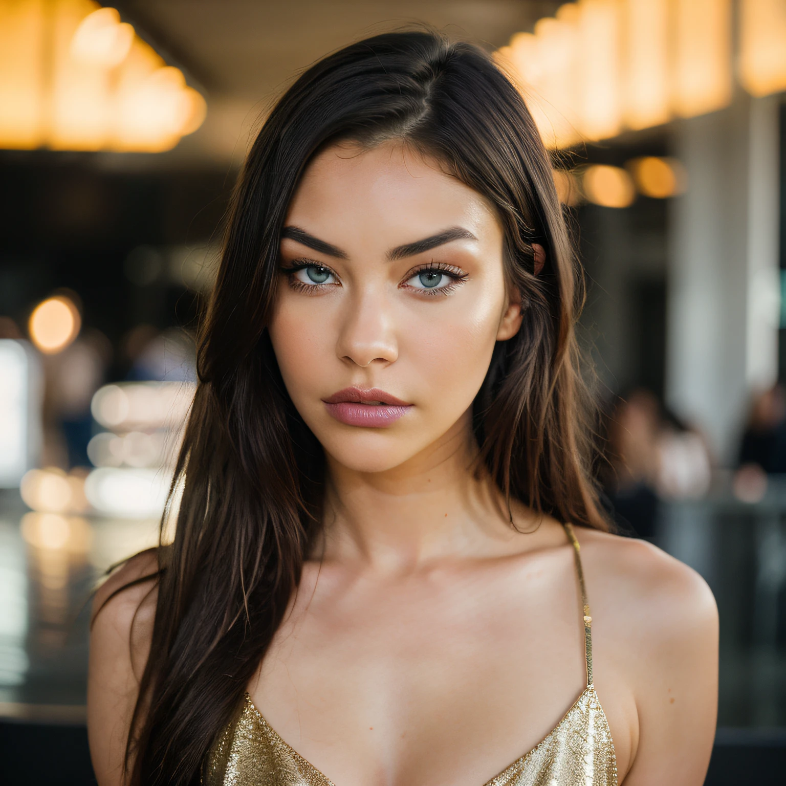 Madison Beer picture at the mall, long beautiful flowing ink like hair, smoky makeup, shining eyes, grey-gold-blue eyes, gold flecks, defined eyes, realistic eyes, doe eyes, beautiful perfect symmetrical face, extremely detailed, melancholy expression, ultra hd, hdr, 8k, cinematic, dramatic lighting, studio Portrait Lighting, illuminated face, 85mm, volumetric lighting, ray tracing reflections