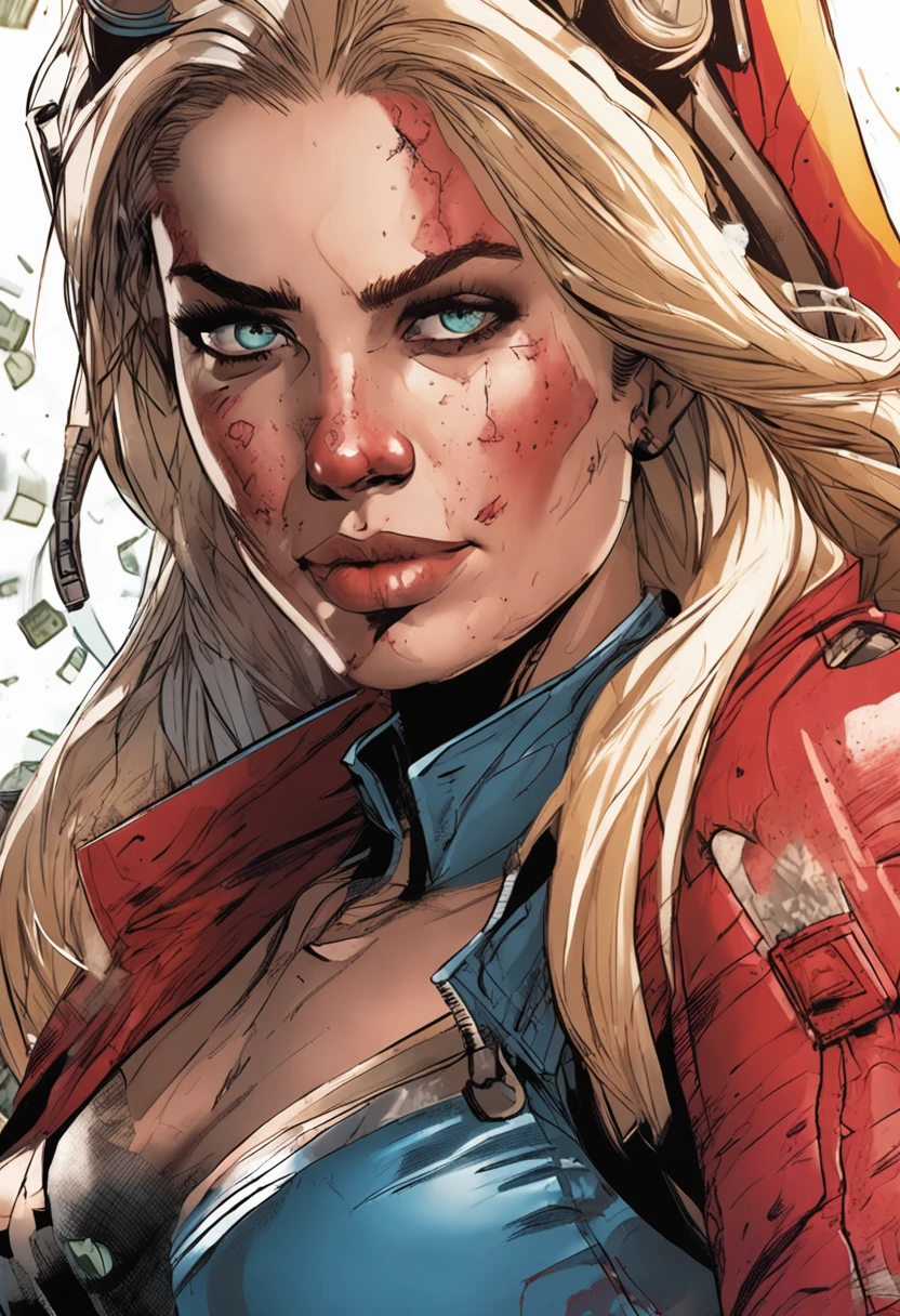 "(8k RAW photo, best quality, masterpiece:1.2) ultra-detailed official art, photo-realistic:1.37, upper body shot, DC Harleen arlequina, beautiful blonde, green eyes, film grain, action pose"