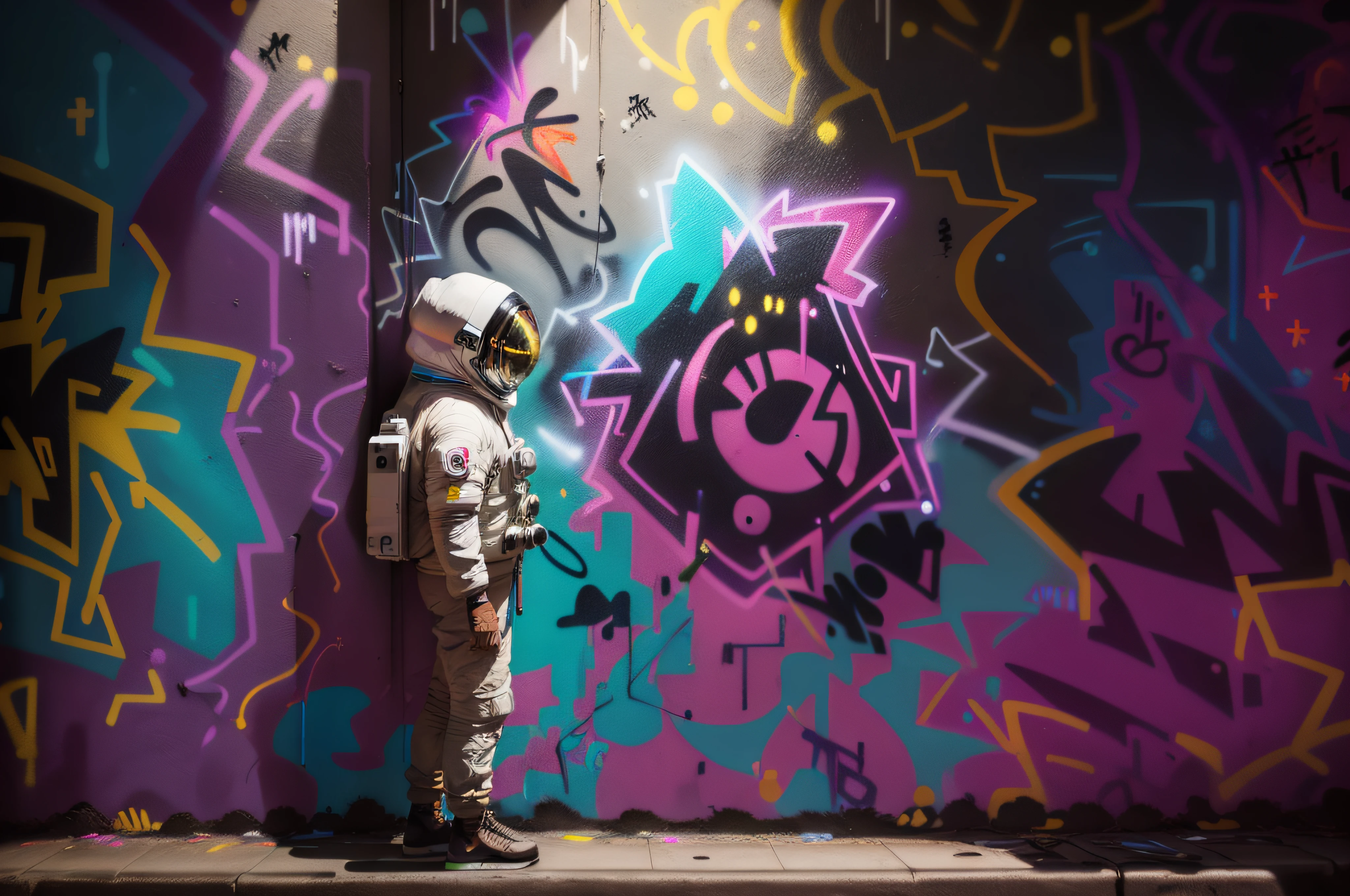 "Nighttime urban scene with atmospheric street lighting, featuring an (astronaut:1.4) (looking to wall (vibrant graffiti:1.6)), (Paris:1.1) (wet street:1.2), (side view:1.2), wide angle lens"