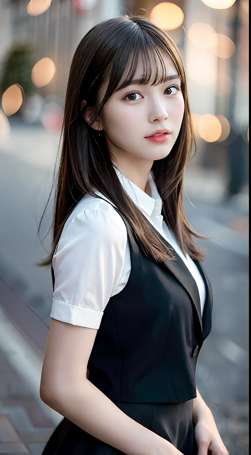 best quality, masterpiece, 1girl, Beautiful face, (photo realistic:1.3), rim lighting, (high detailed skin:1.2), 8k uhd, dslr, high quality, high resolution, 4k, 8k, Bokeh,  absurdres, best ratio four finger and one thumb, (realistic:1.3), cute 1girl, wearing black formal blazer, medium breasts, short skirt,