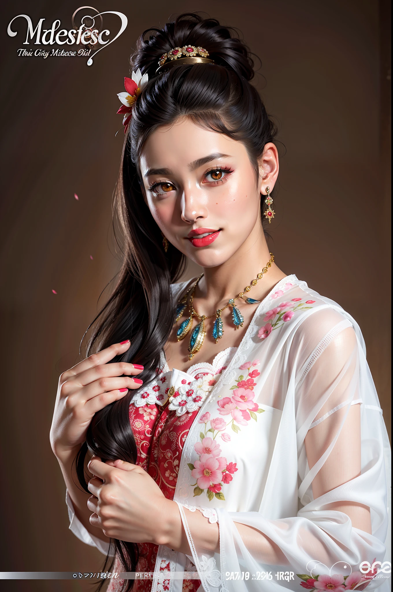 (masterpiece),(best quality:1.0), (ultra highres:1.0), detailed illustration, 8k, anime, 1girl, beautiful anime girl, wearing a red dress , intricate details, black eyes, detailed eyes, black hair, detailed hair detailed, highlights on hair, red-ish pink flower on ear, smiling, red lipstick, perfect lips, anime style, best quality, detailed