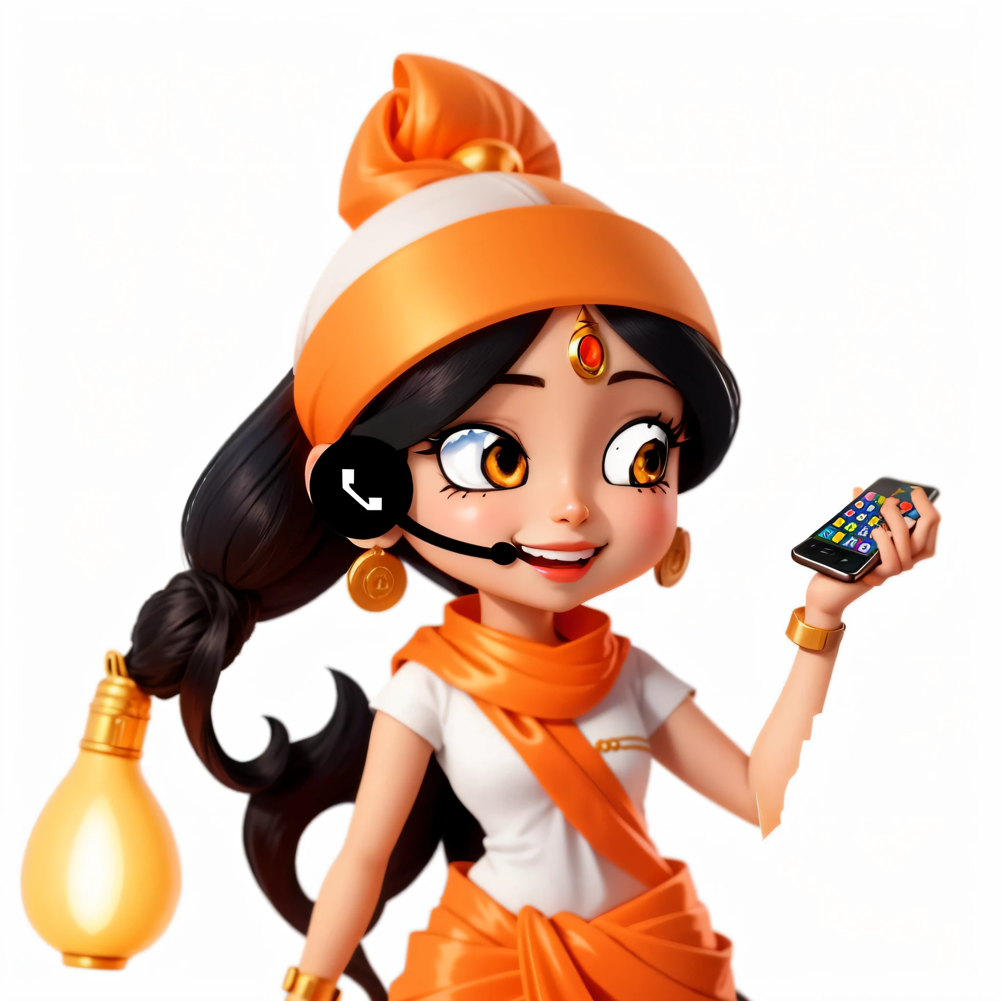 um close up de uma estatueta de uma mulher com celular com headset, render de uma menina anime 3d bonito, Maya Ali Feiticeira, animation character, arte oficial do personagem, personagem bonito dos desenhos animados, Arte Oficial, menina genie bonita, Indian Goddess of Wealth, official character illustration, Hindu god, menina saiyajin, character is in his natural pose fiddling with his phone, cell phone in hand, fone de ouvido, telemarketing, atendente, pose olhando pra frente, olho no olho