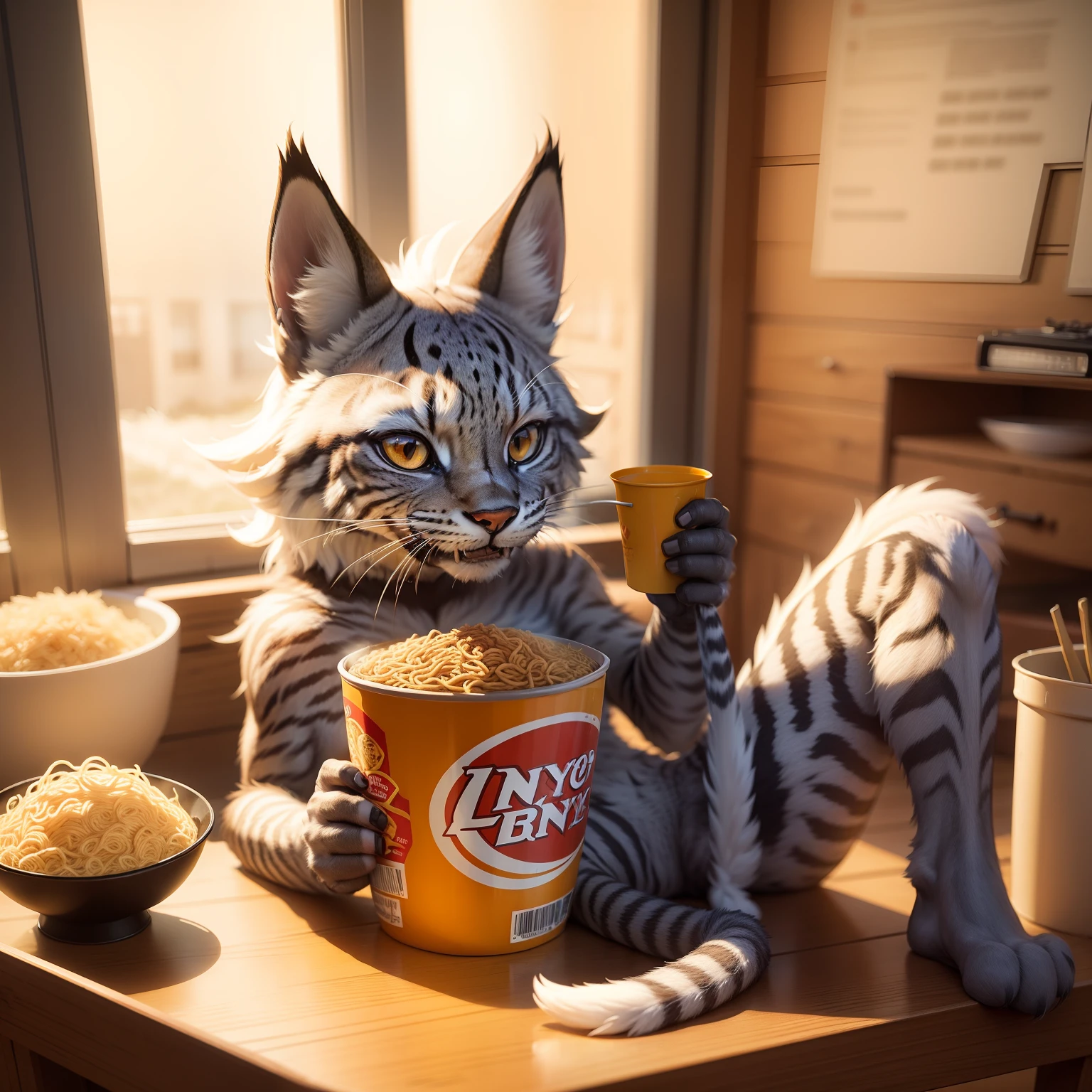 anthro lynx,eats,instant noodle