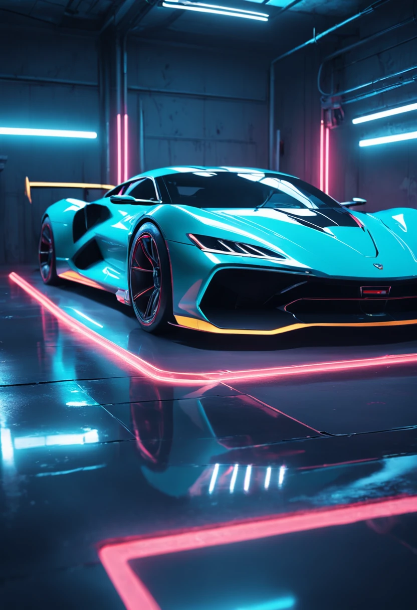 a close up of a sports car in a garage with a neon light, automotive photography, cyberpunk garage on jupiter, vehicle photography, sports , dramatic lighting and colors, hq 4k wallpaper, dramatic lighting render, futuristic product car shot,, daily render, captured on canon eos r 6, beautiful and cinematic lighting