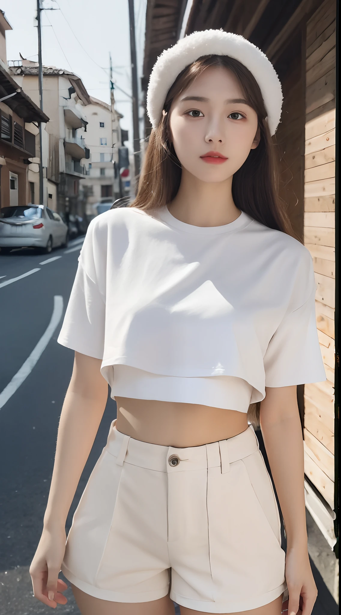 Girl posing for photo in white bra and tight denim, upper body, with cropped t-shirt, bra and streetwear, slim figure, oversized bust, slim girl model, 24 year old female model,