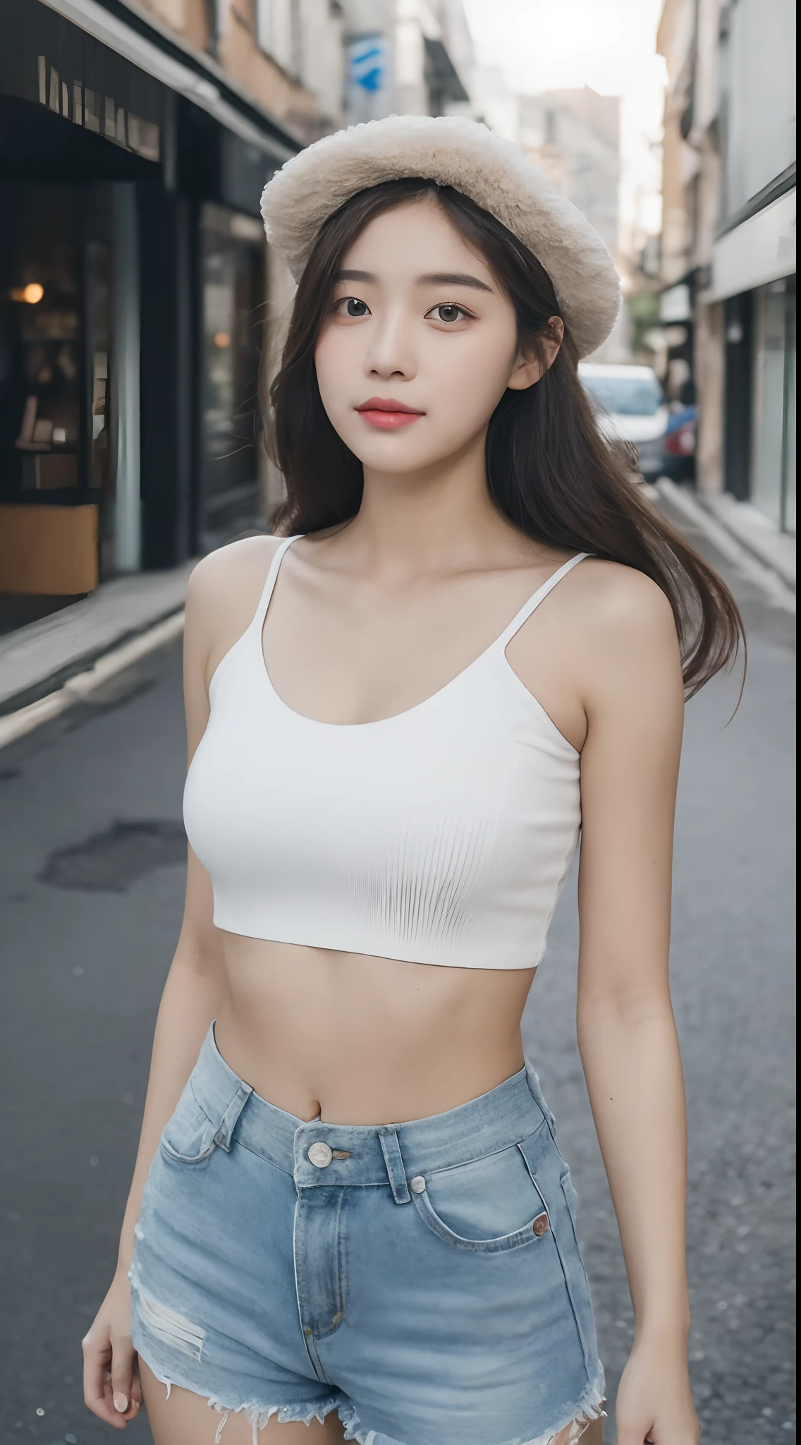 Ultra-clear resolution，top Quority，耳Nipple Ring，Clear  eyes，plain face，Gloss on lips，s the perfect face，White skin，Perfect chest，Slender legs，lacepantyhose，Gray office miniskirt，the street