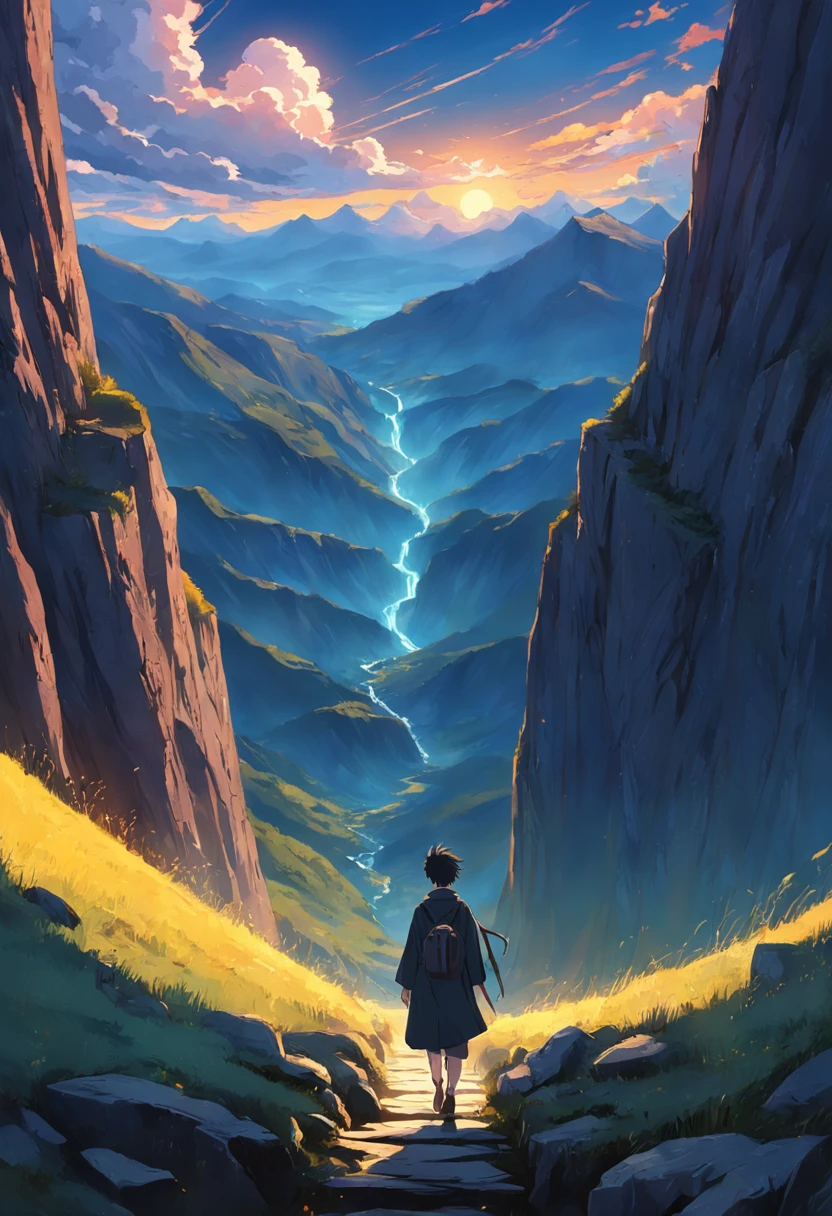 a man walks along a thin path on the sides of an abyss in front of mountains with the sun shining behind them