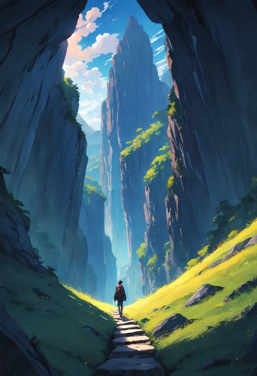 a man walks along a thin path on the sides of an abyss in front of mountains with the sun shining behind them