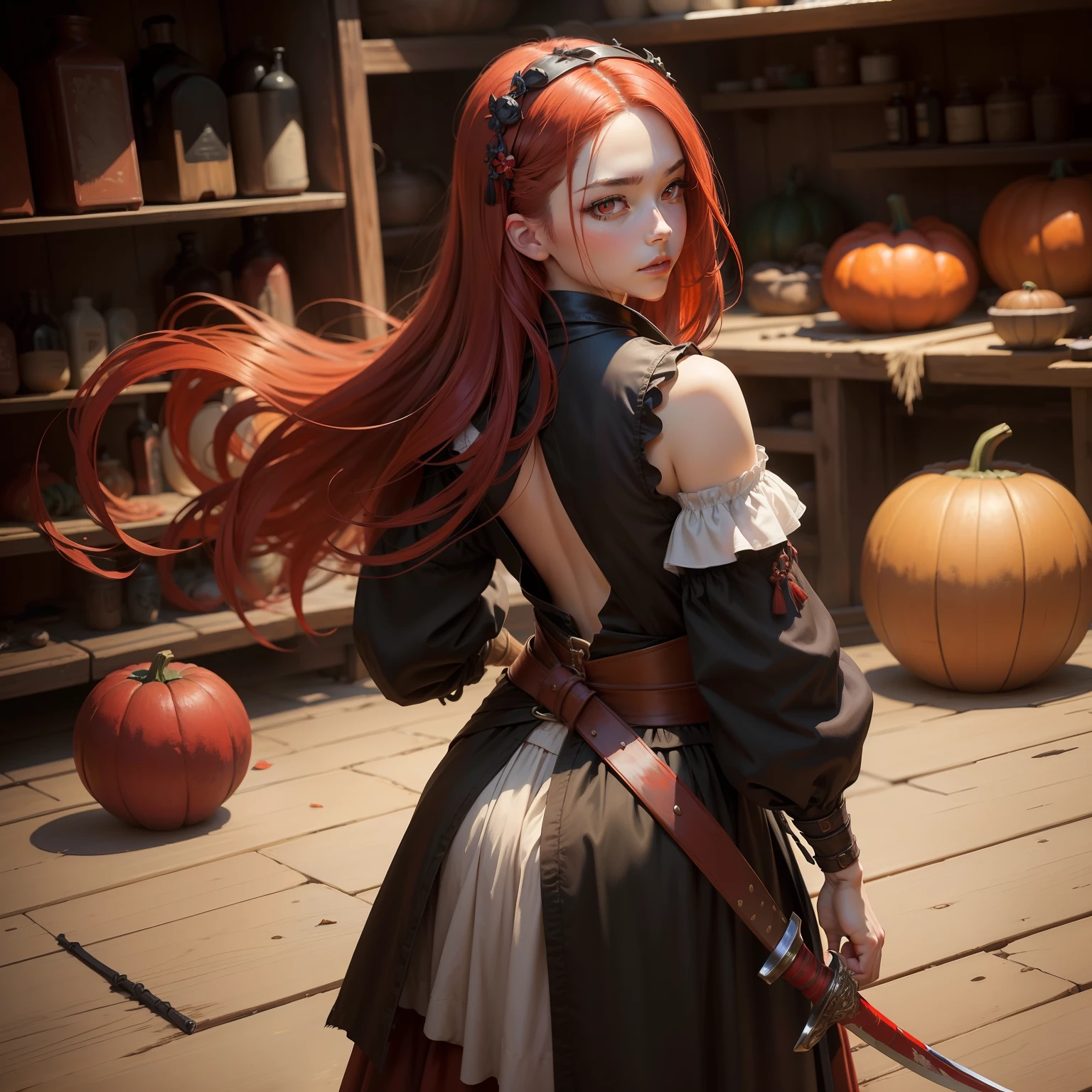 (Painting style:oil painted)+(The subject:shoun)+(Character description:Red eyes,whaite hair)+(garments/Accessories:Wear a gourd around your waist,Back sword)