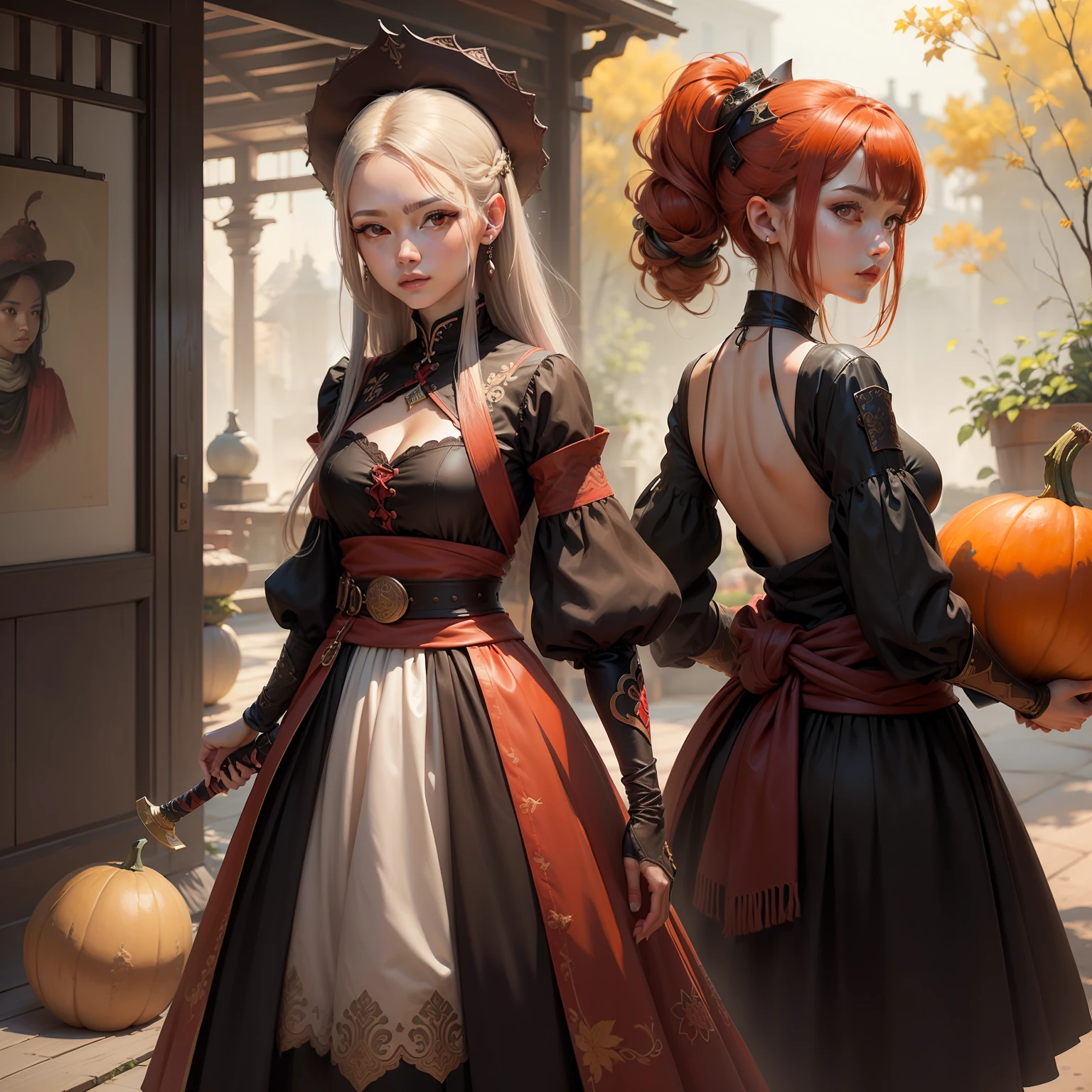 (Painting style:oil painted)+(The subject:shoun)+(Character description:Red eyes,whaite hair)+(garments/Accessories:Wear a gourd around your waist,Back sword)