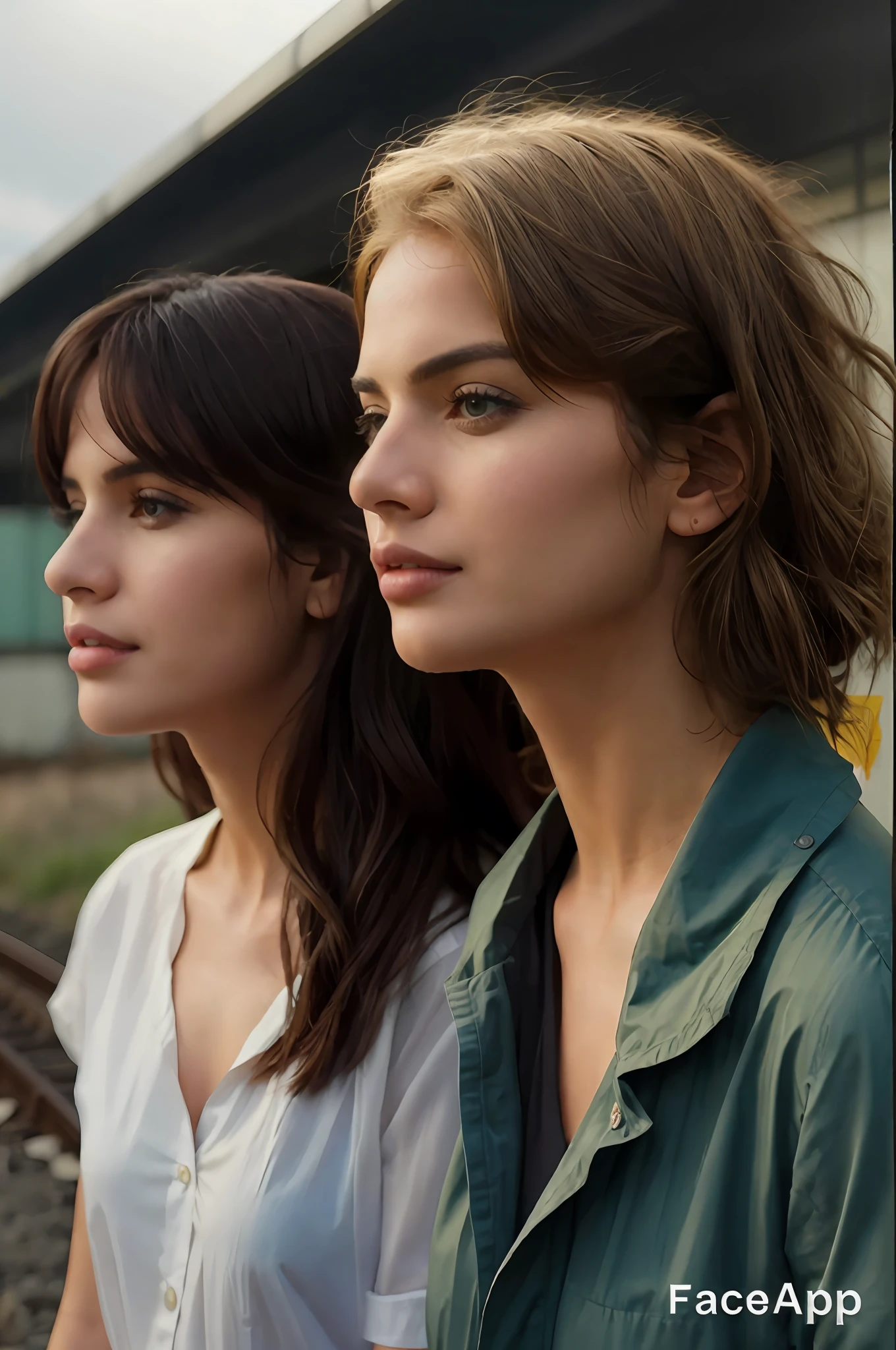 Two women standing next to each other on a train track, Duas meninas, rostos ultra realistas precisos, foto retrato suave 8 k, cinematic shot ar 9:16 -n 6 -g, Rostos UHD ultrarrealistas, rostos fotorrealistas, Ultra - rostos realistas, duas mulheres, uhd rostos realistas, retrato de alta qualidade, ainda de um filme live action