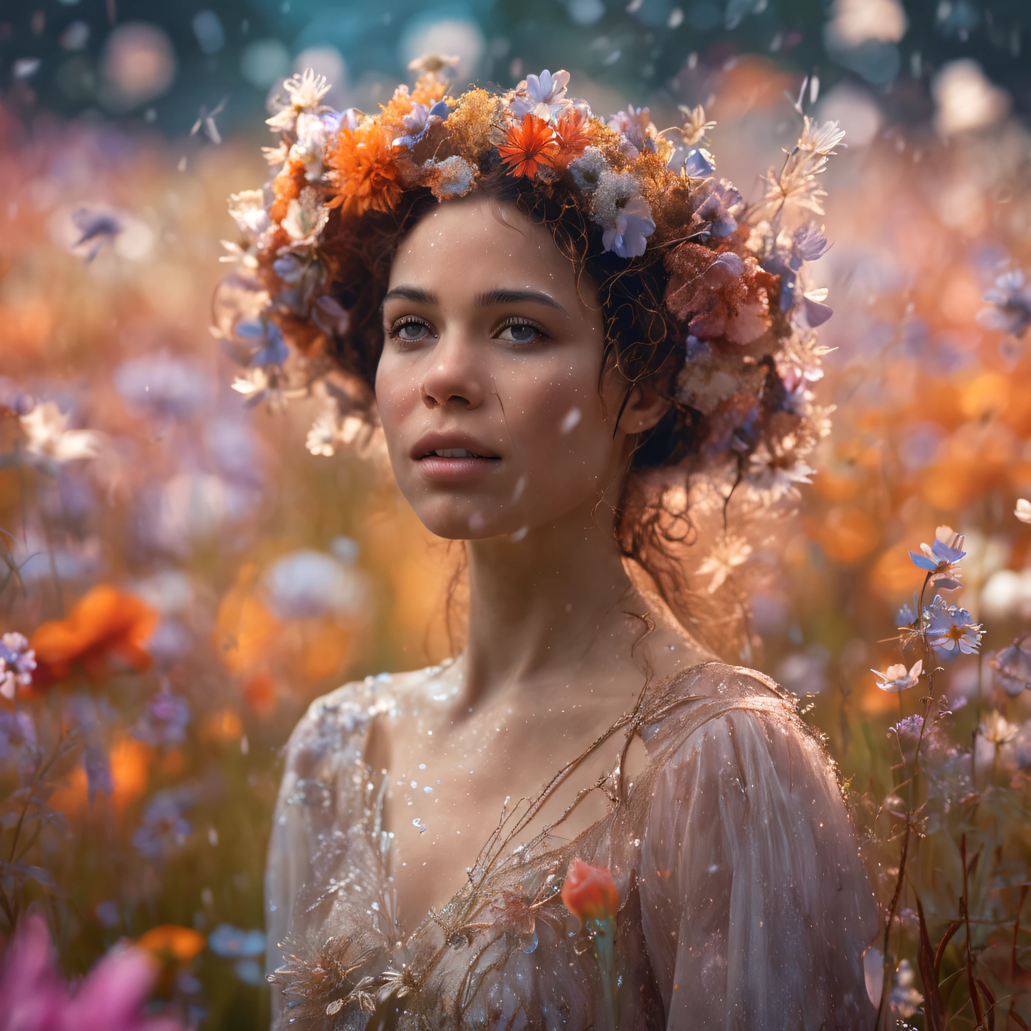 There is a woman standing in a field of flowers in the rain, uma deusa em um campo de flores, karol bak uhd, nas flores, Retrato da tempestade da flor, Frontal da menina campo da flor, Arte bonita UHD 4K, menina em um de flores, em um campo de flores, mulher nas flores, Arte digital altamente detalhada em 4k