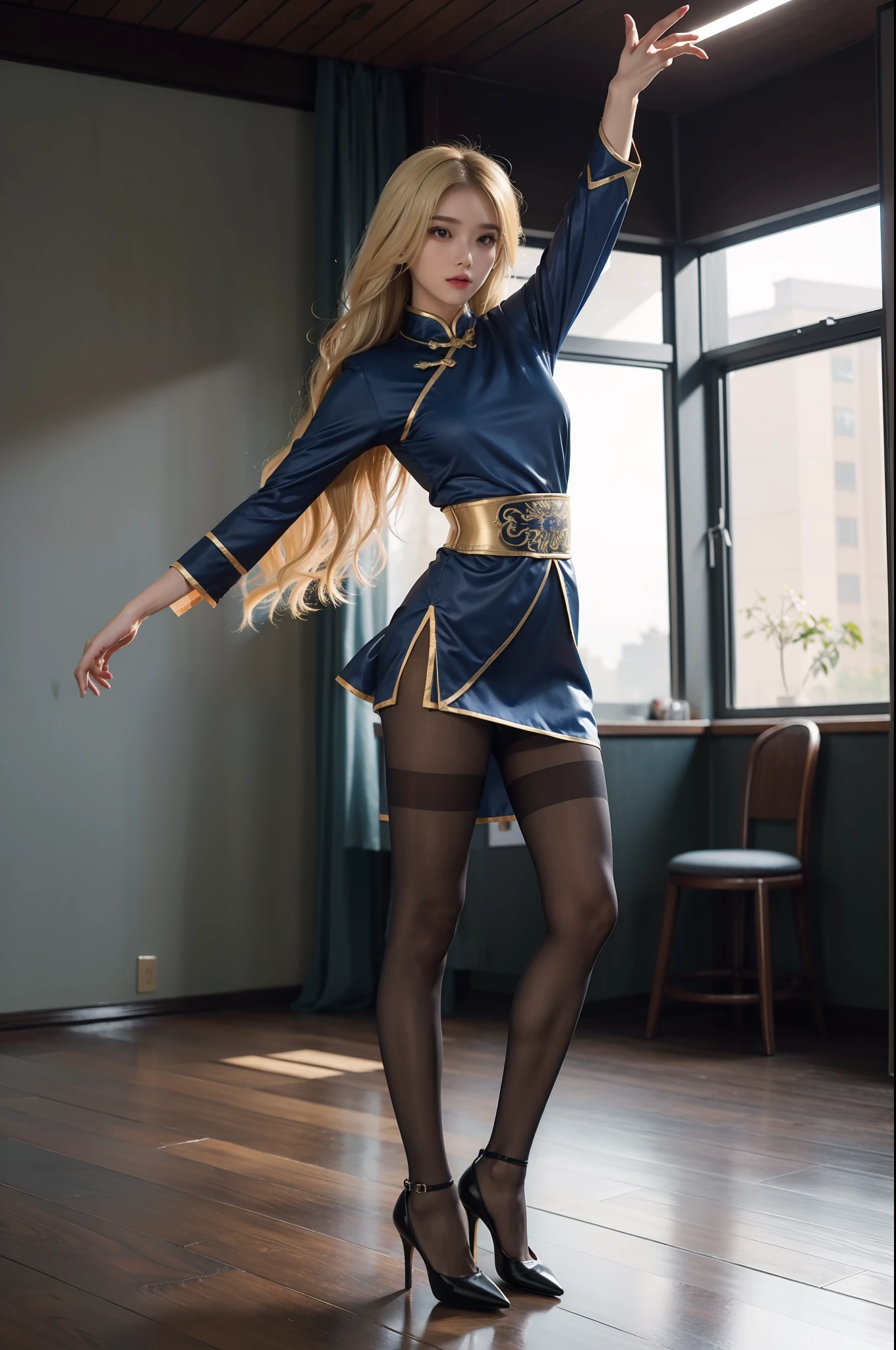 (full body:1.5)，(1girl:1.3),(view the viewer:1.4)，(anatomy correct:1.4),(Opaque pantyhose and pointed thick heels :1.3),(Dancing in the hospital:1.2),(Wearing a Chinese armor:1.2),(Extra Long blonde Hair:1.2),(Accurate and perfect face:1.3),(Long legs and big feet:1.3),hyper HD, Ray traching, reflective light， structurally correct, Award-Awarded, high detail, lighten shade contrast, Face lighting ，cinematic lighting, masterpiece, super detailing, high quality, high detail, best quality, 16k，High contrast,