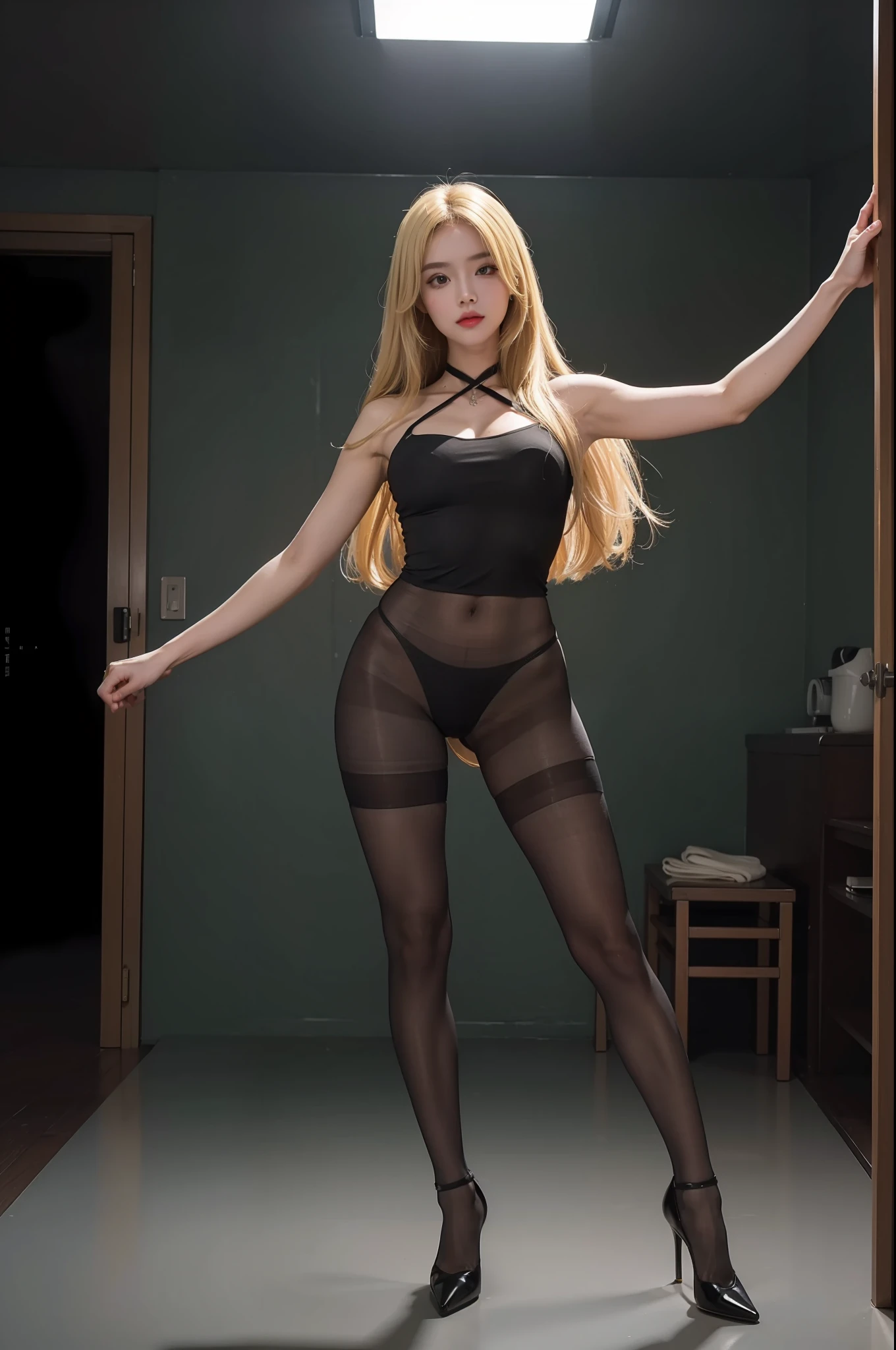 (full body:1.5)，(1girl:1.3),(view the viewer:1.4)，(anatomy correct:1.4),(Opaque pantyhose and pointed thick heels :1.3),(Dancing in the hospital:1.2),(Wearing a Chinese armor:1.2),(Extra Long blonde Hair:1.2),(Accurate and perfect face:1.3),(Long legs and big feet:1.3),hyper HD, Ray traching, reflective light， structurally correct, Award-Awarded, high detail, lighten shade contrast, Face lighting ，cinematic lighting, masterpiece, super detailing, high quality, high detail, best quality, 16k，High contrast,