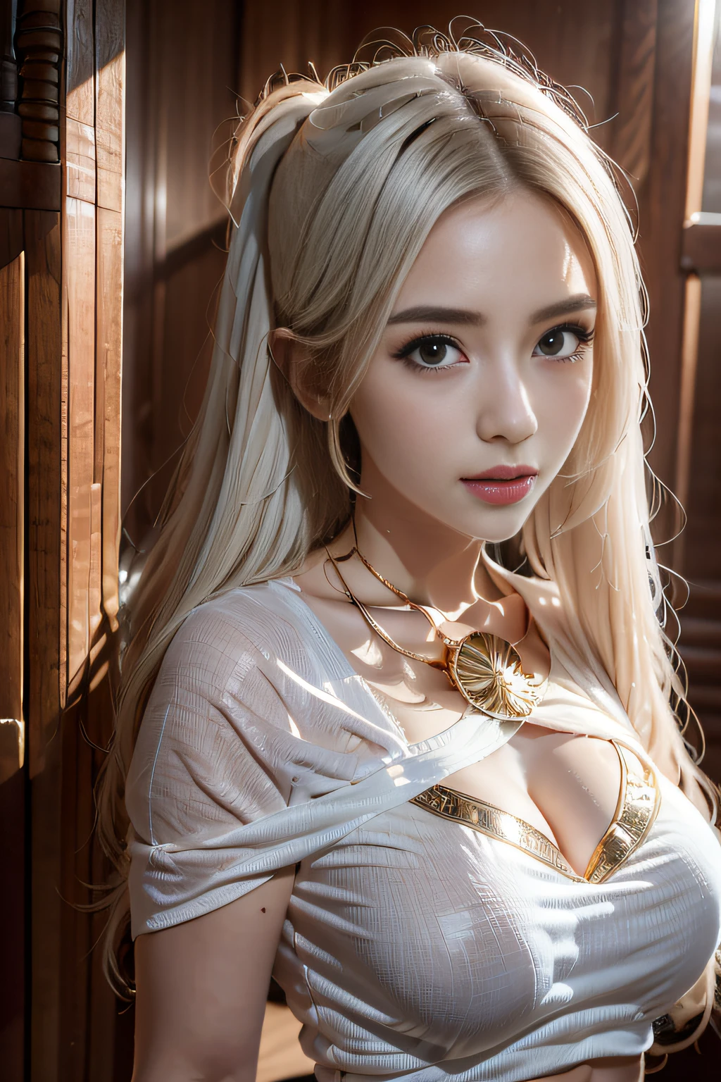 bright expression、poneyTail、young and shiny white shiny skin、Best Looks、Gold reflects light、Platinum blonde hair，Shine brightly、Shiny light hair,、Super long silky straight hair、Beautiful bangs that shine、Big blue eyes that sparkle like crystal clear and charming、Very nice and lovely  girl、Lush bust,Beautiful detailed eyes, Beautiful detailed nose,(( full bodyesbian:1.25)),Eyes emphasize makeup、((Pleated pleated skirt)),(A woman like Joan of Arc)、s Armor、Knights, With a sword and shield，Royal style，Comic style, , Sub-surface scattering, ornate detail, nature backdrop, Hyper-realistic, Cinematic, Dramatic lighting, masutepiece
