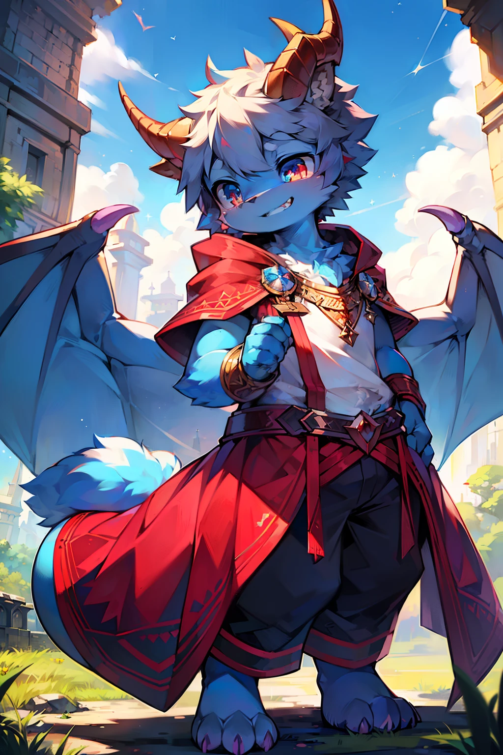 Bright environment, high quality, (toddler, dragon, neutral, animal: 1.4), absurd res, digital painting \ (artwork), (dragon, fluffy fur, character focus: 1.3), short hair, portrait, bright eyes, left eye red, right eye blue, (short dragon horn: 1.3), panorama, (character focus: 1.3). (detailed background: 0.9), solo, furry, furry neutral, neutral focus, standing, (full body fur, furry tail, red and blue fur, red and blue eyes, gray hair: 1.3), (small wings: 1.5), (long canine teeth: 1.0), king, (red cloak: 1.1) (towers of god, blue towers, violet, blue, red, god, red sky, violet sky, starry sky, stars, starry towers, starry god, light blue, civilization, order:1.3), (magic array: 1.5), (magic particles, magic: 1.3), (face details, hand details, foot details, ear details: 1.1), better movements, High cold