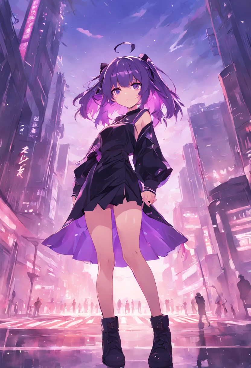 Purple hair、Purple hair、Tsundere、thighs thighs thighs thighs、Anime girl in short skirt and black shirt standing in the city, anime moe art style, anime style 4 k, Seductive Anime Girl, Cute anime waifu in a nice dress, anime girl wearing a black dress, hanayamata, badass anime 8 K, zerochan art, Anime art wallpaper 8k, (Anime Girl)