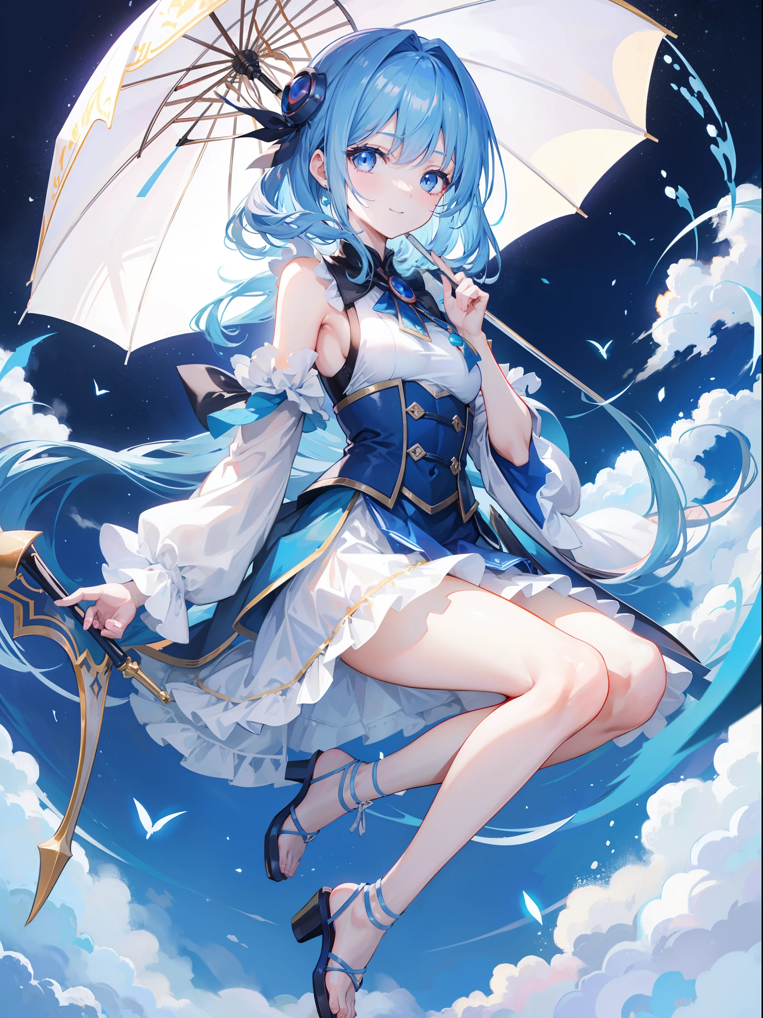 Dark Magician Girl、MKSKS style、1 person、(highly detailed back ground:1.0)、(highly detailed back ground:1.0)、​masterpiece、top-quality、超A high resolution、in 8K、full body Esbian、(are flying:1.2)、BREAK、(1/2 vermilion and 1/2 Light blue hair)、BREAK、(1/2 white and 1/2 yellow shirts、Parasol-shaped skirt:1.5、White parasol)、BREAK、Detailed skin、glowy skin、bare-legged、A detailed eye、Blue eyes、Burning cheeks、Wearing makeup、a smile、Large breasts、Break HA、(on clouds:1.4、evening glow:1.1)
