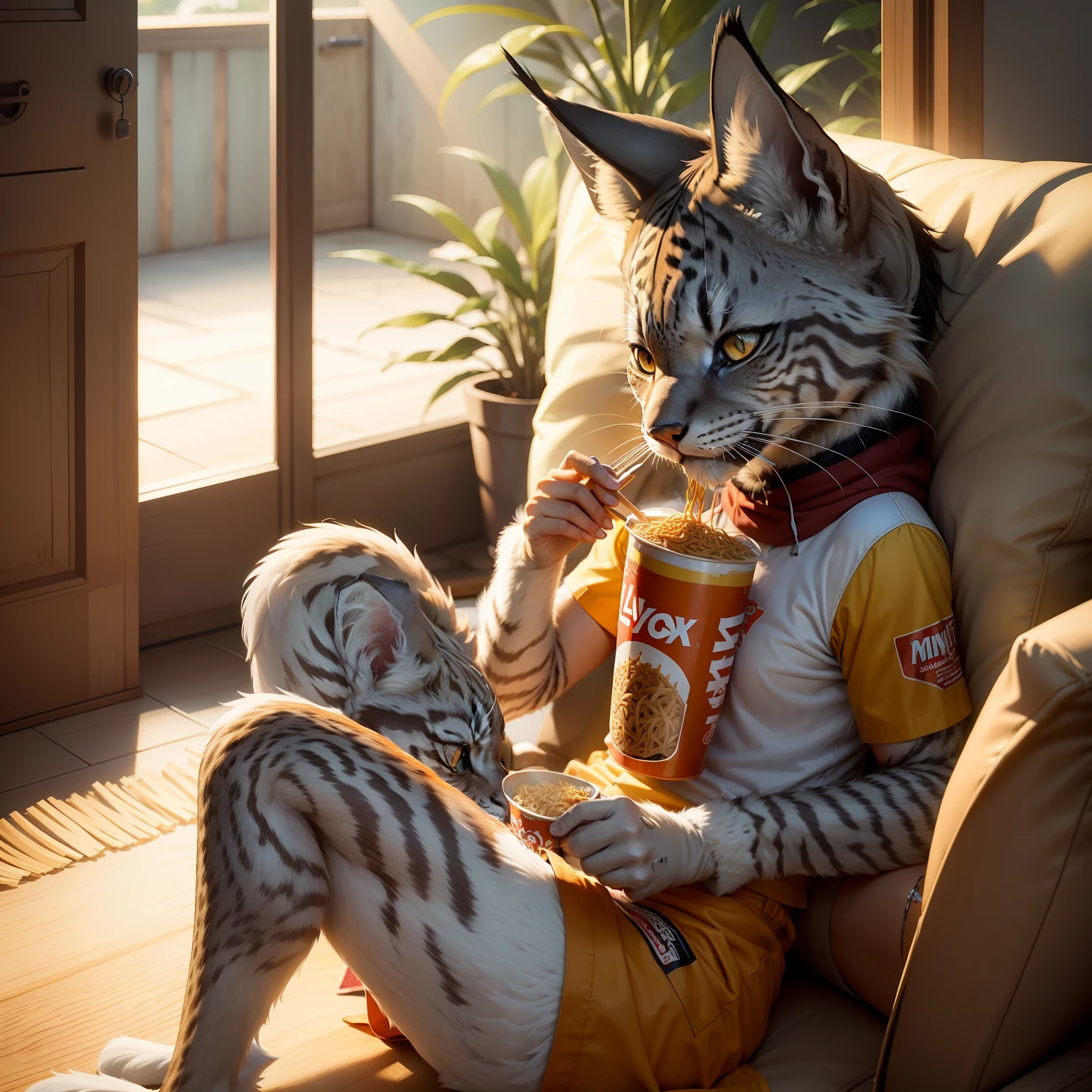 anthro lynx，eats，instant noodle