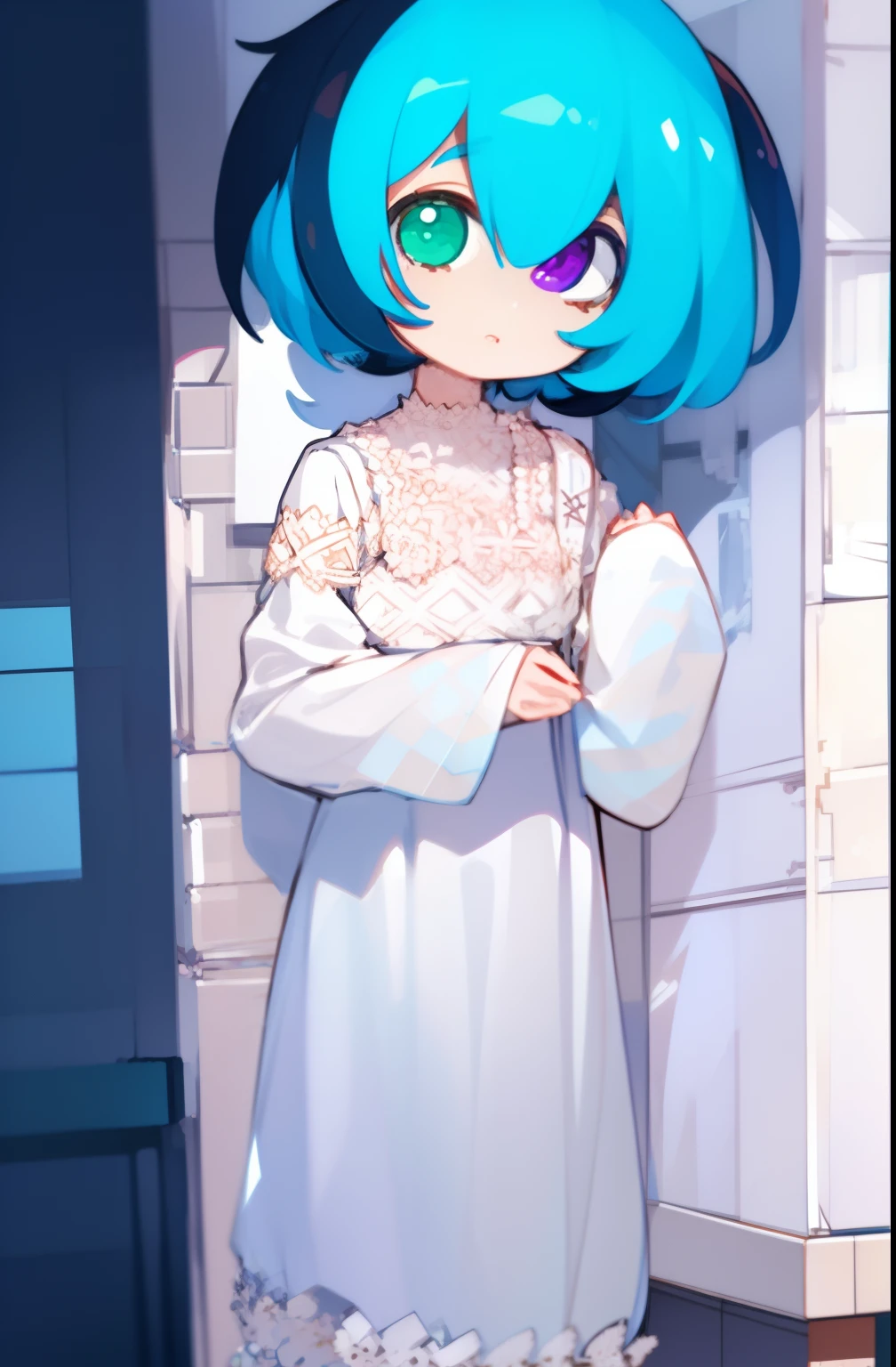 1 girl, solo, high-quality masterpiece, intricate CG details, stunning 8K wallpaper, meticulously rendered character, vibrant dark blue hair, captivating heterochromia eyes (green left, blue right), elegant white captain dress