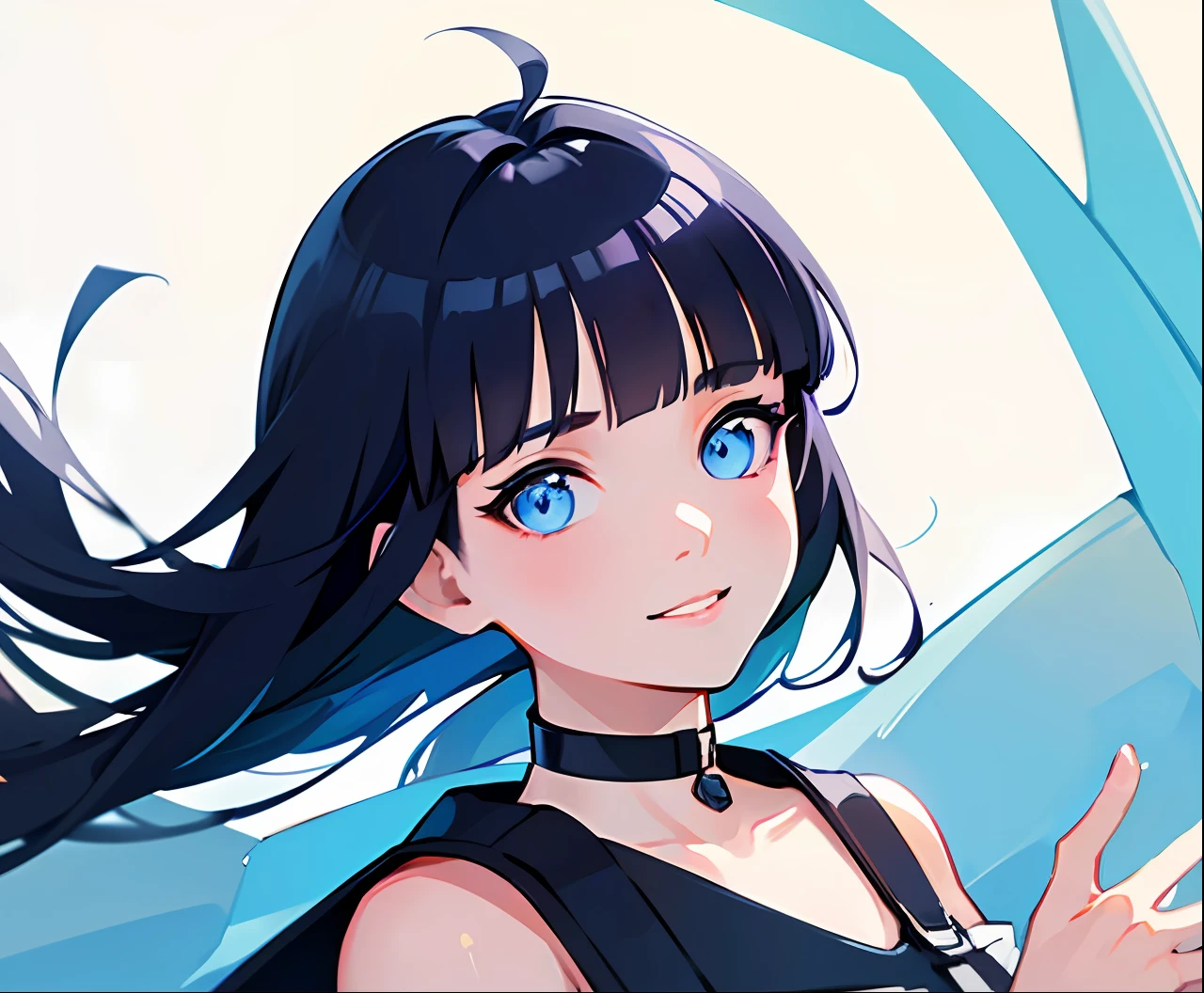 (high-quality, breathtaking),(expressive eyes, perfect face), short, young girl, long dark blue hair, blue eyes, smile, white crop top, choker, urban setting, blue sky, shine, glow, blunt bangs, himawari uzumaki, long hair, soft focus , light gradation watercolor , lens flare , glitter , glow , dreamy , white backgrond