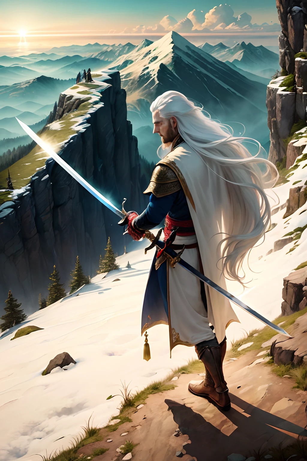 A man with long white hair stands on the top of a hill,The top of the mountain is flat,Holding a golden sword in his hand,The tip of the long sword plunged into the ground,The man rested his hand on the hilt of his sword,Eyes closed