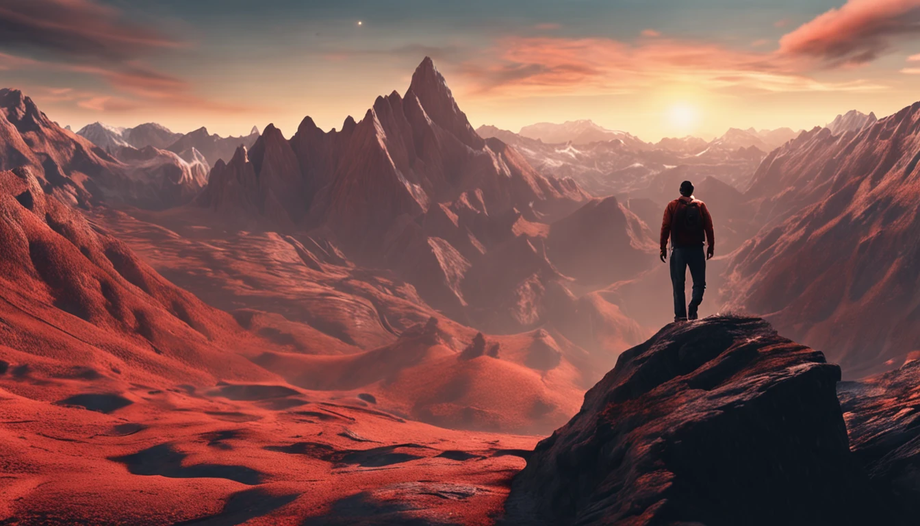 a man walks along a thin path on the sides of an abyss in front of mountains with the sun shining behind them In the style of an engraving